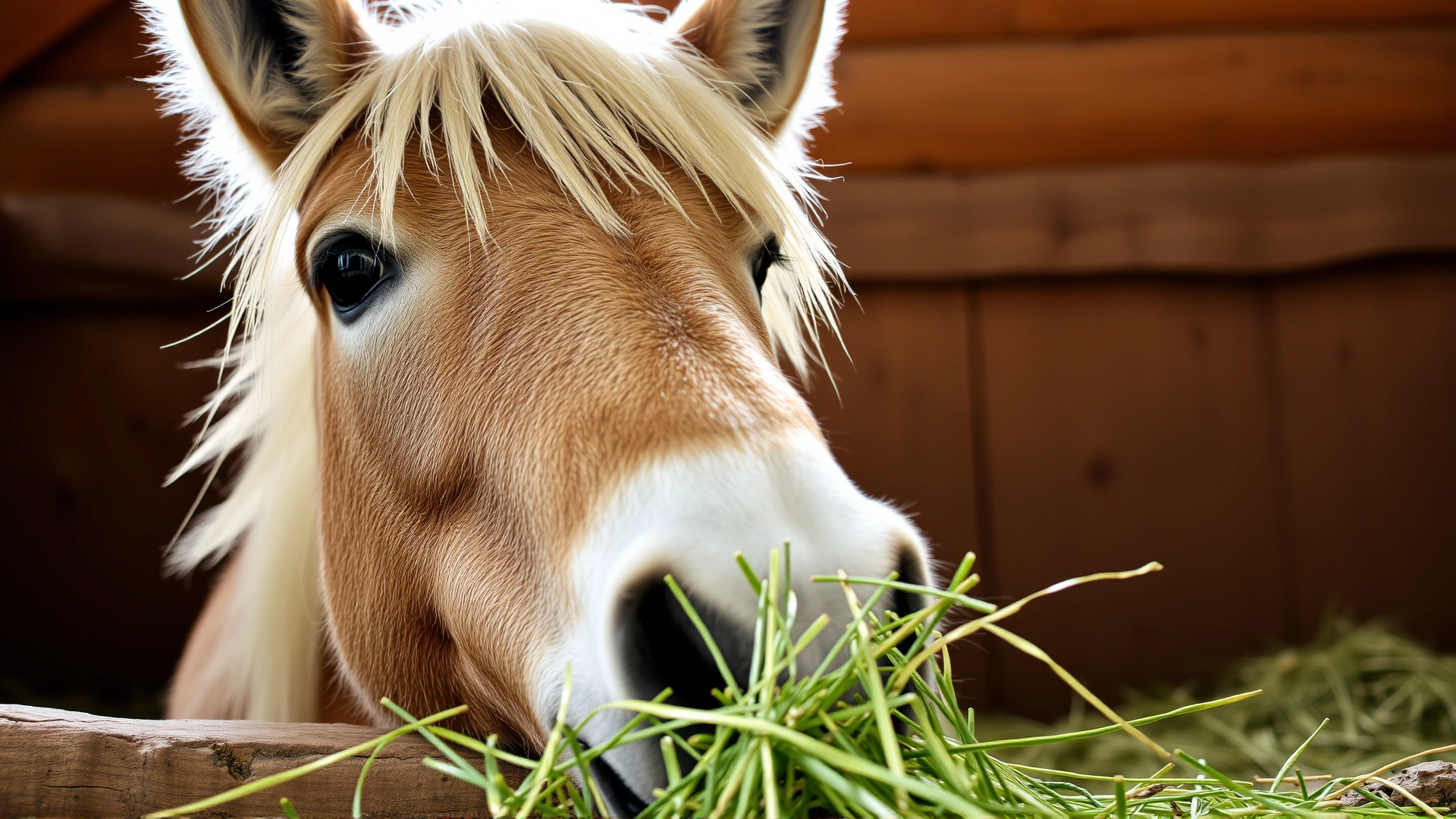 Close-up of a Gotland pony contentedly munching on high-quality hay inside a wooden stable.
