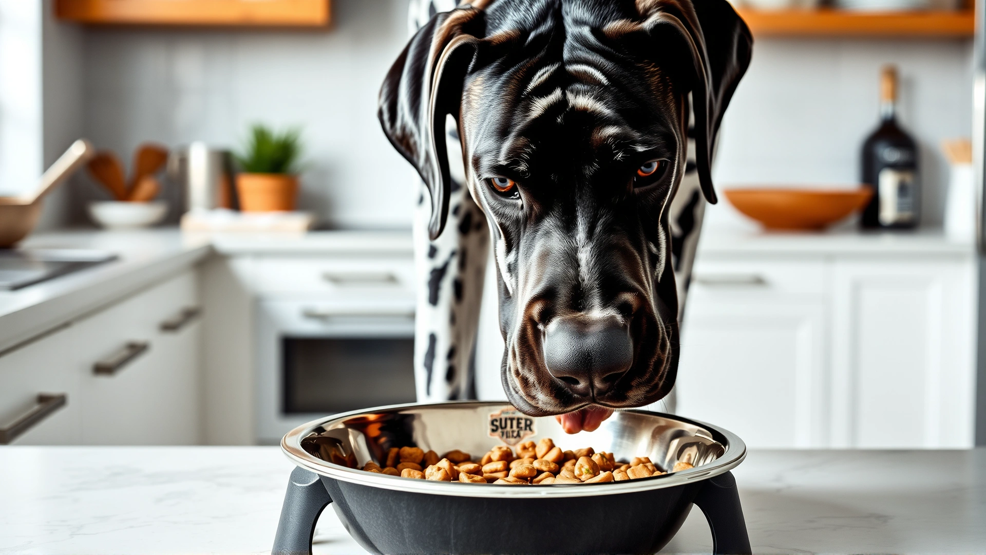 Great Dane eating from an elevated stainless-steel bowl in a clean kitchen environment