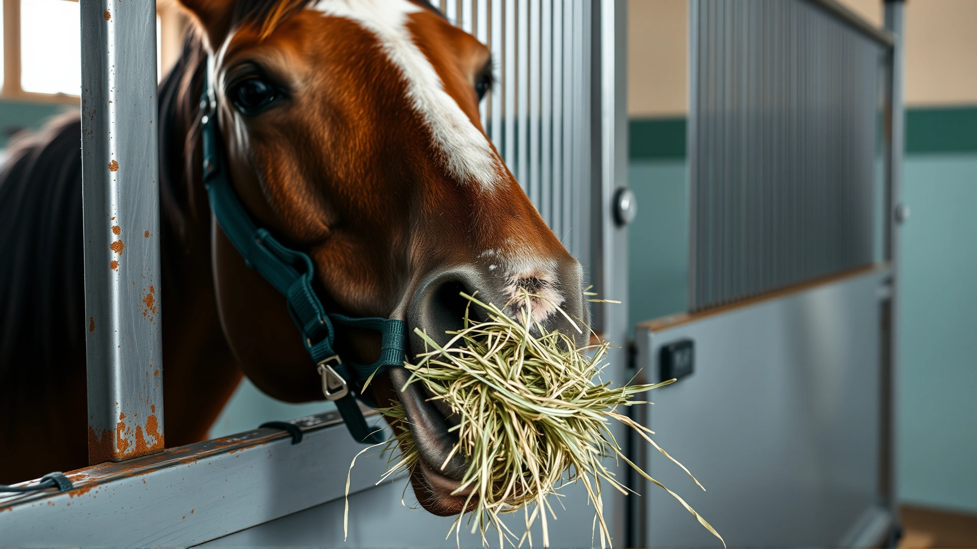 Close-up of a horse eating high-quality hay from a slow feeder net inside a clean stall