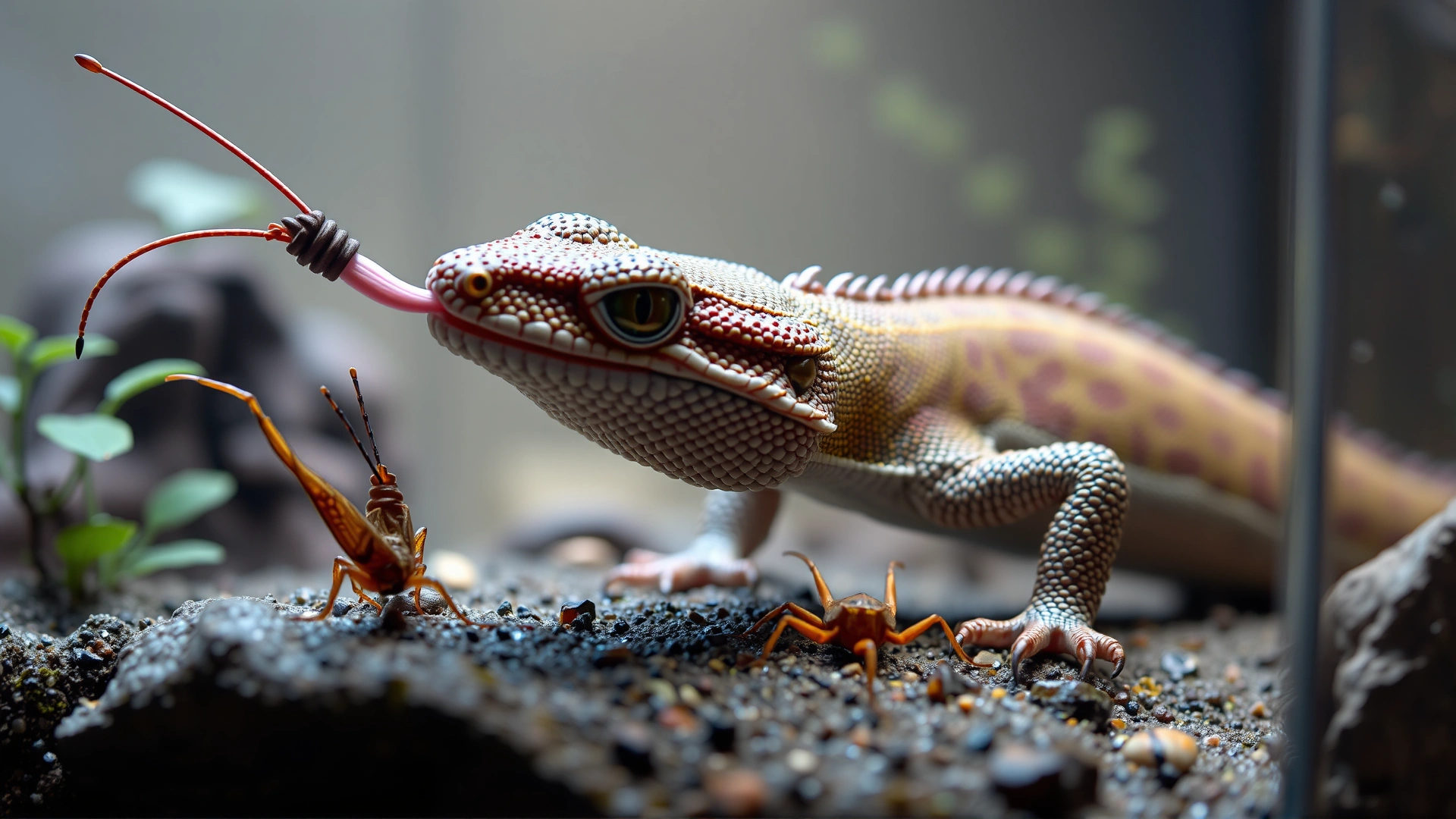 Chinese water dragon catching a cricket with its tongue inside a terrarium, frozen action, well-lit, shallow depth of field.