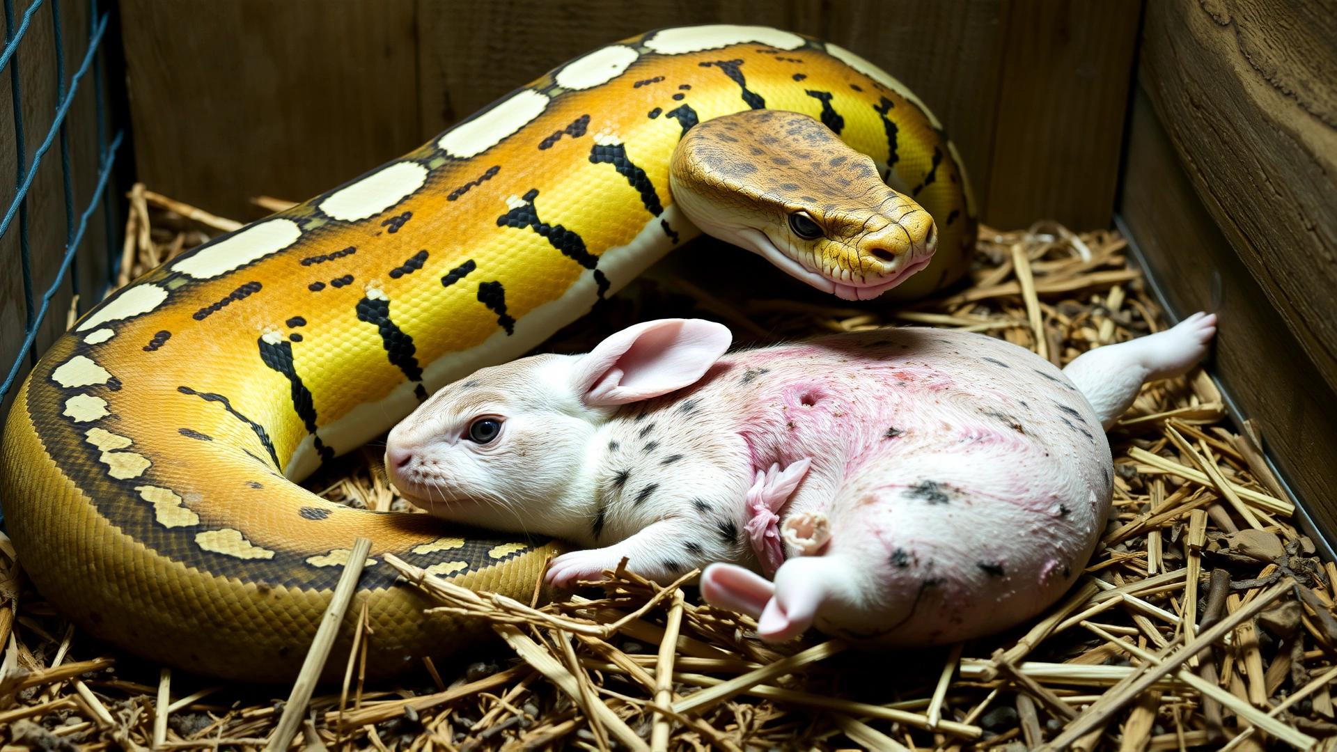 Adult Burmese python consuming a thawed rabbit on aspen bedding inside an enclosure—no visible gore.
