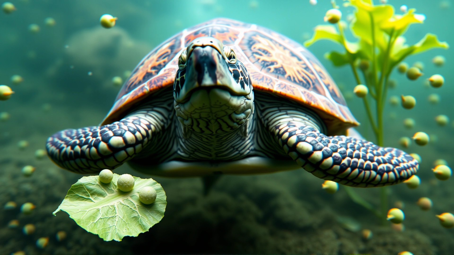 Mississippi map turtle underwater grabbing a piece of leafy green vegetable, food pellets floating nearby.
