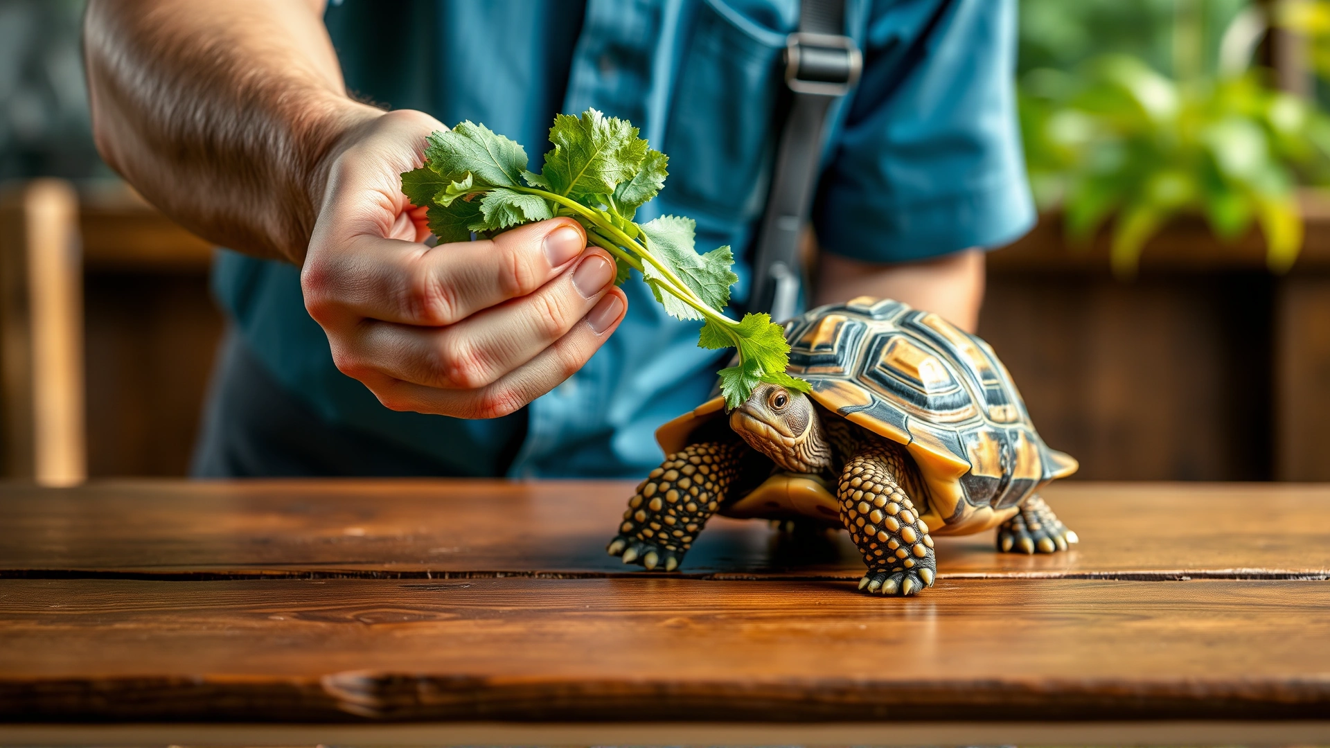 Owner offering leafy greens to a red-footed tortoise on a wooden table, illustrating an interactive feeding moment.