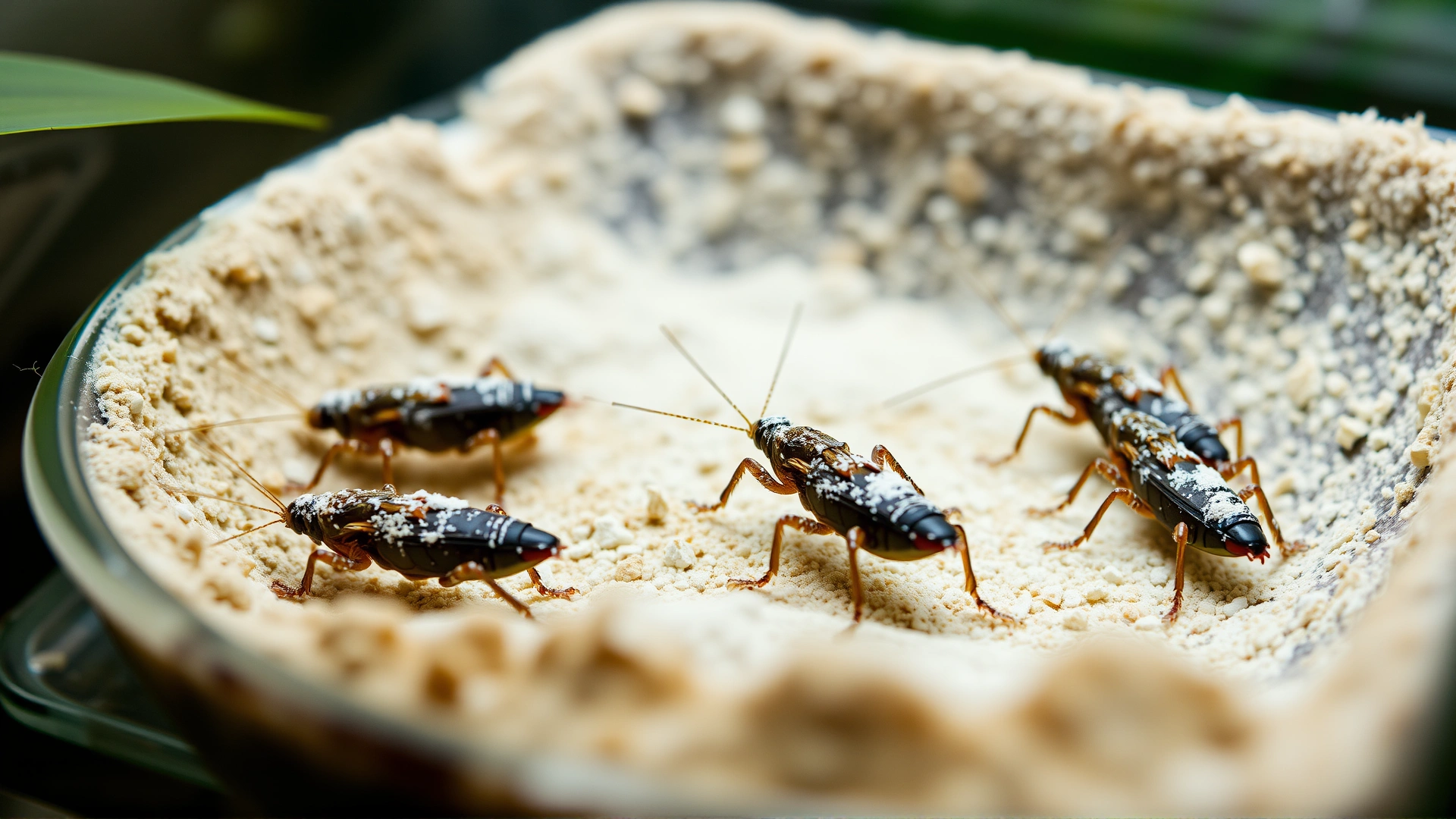 Macro photograph of small crickets dusted with calcium powder in a shallow dish inside a terrarium.