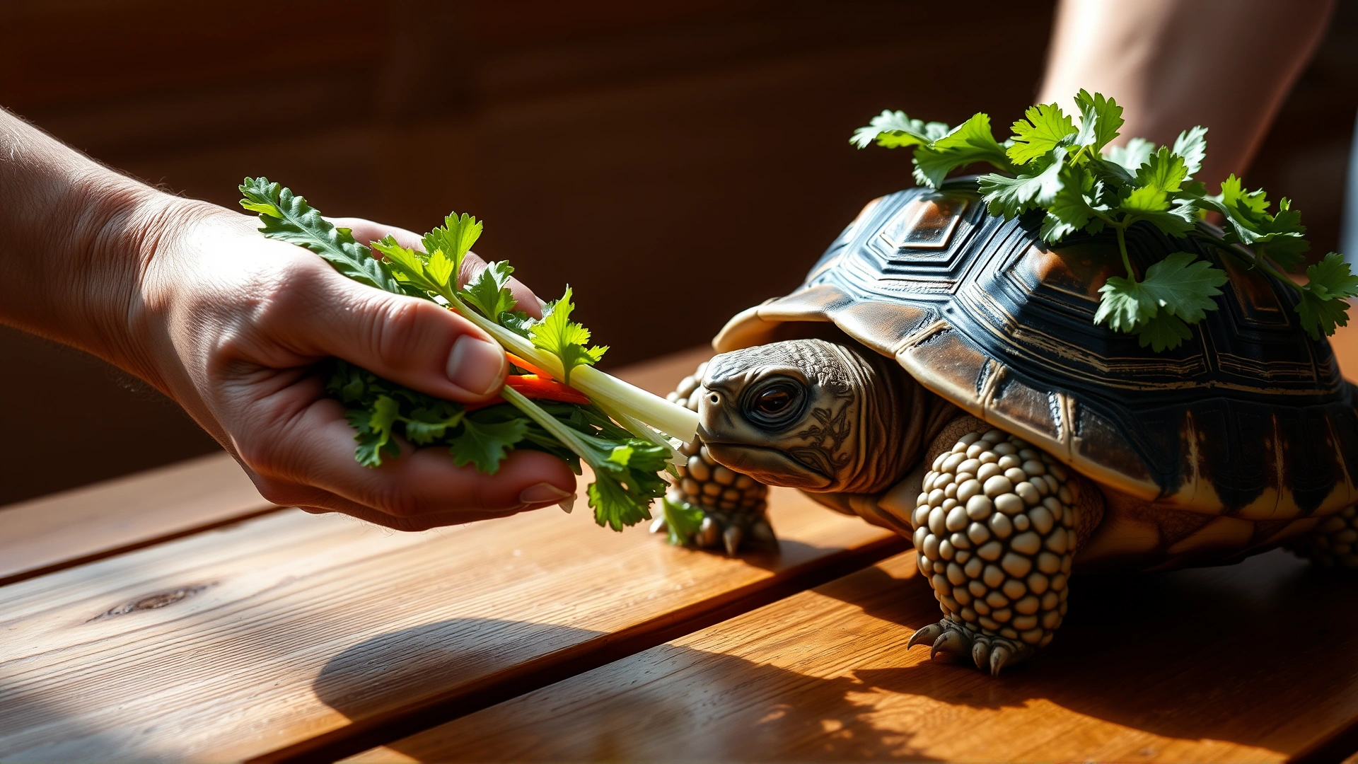 Close-up image of a human hand offering a variety of fresh leafy greens and vegetables to a juvenile tortoise on a wooden table, bright natural lighting.