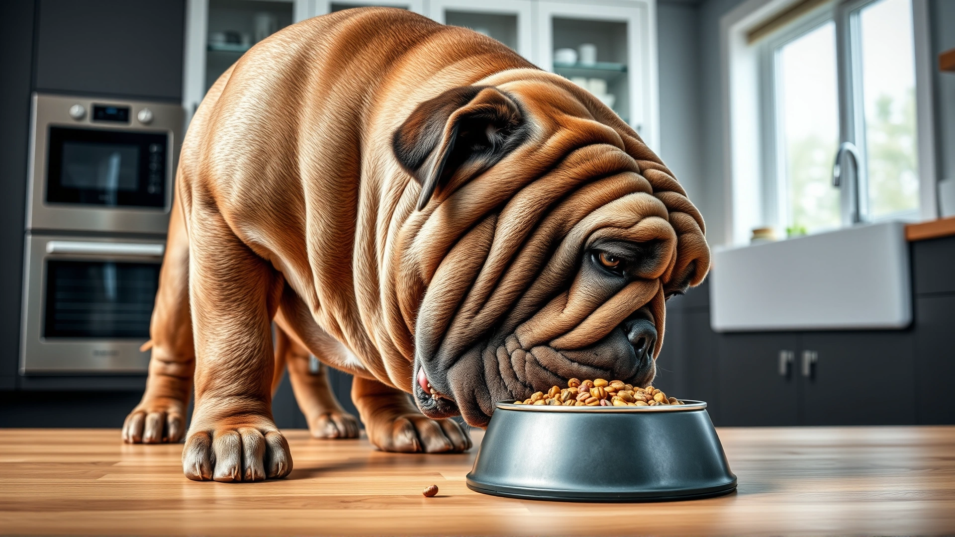 Neapolitan Mastiff eating from a slow-feeder bowl in a modern kitchen, emphasizing proper nutrition for large breeds.