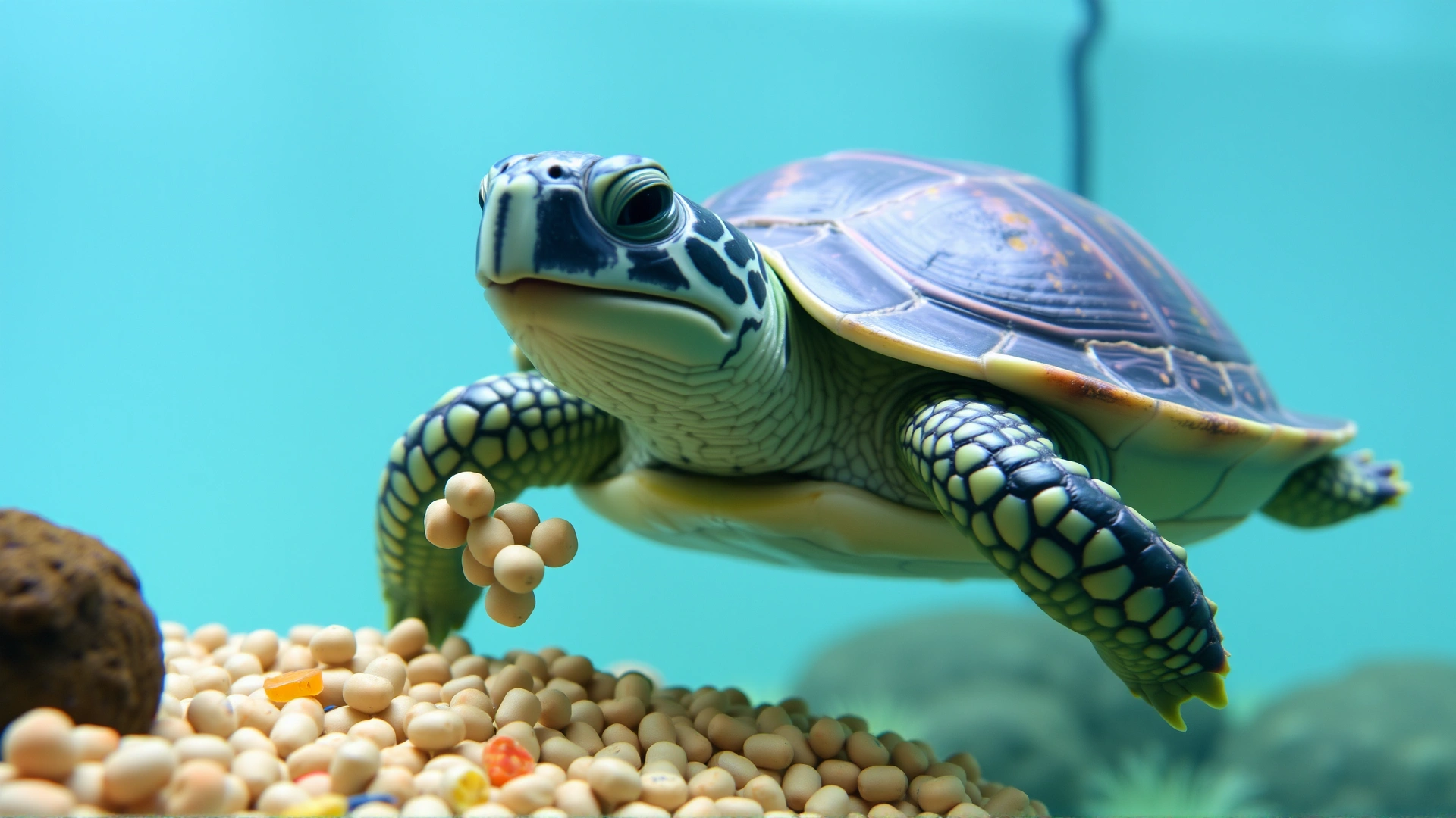 Cheerful aquatic turtle munching on floating pellets near a basking dock inside a spotless aquarium.
