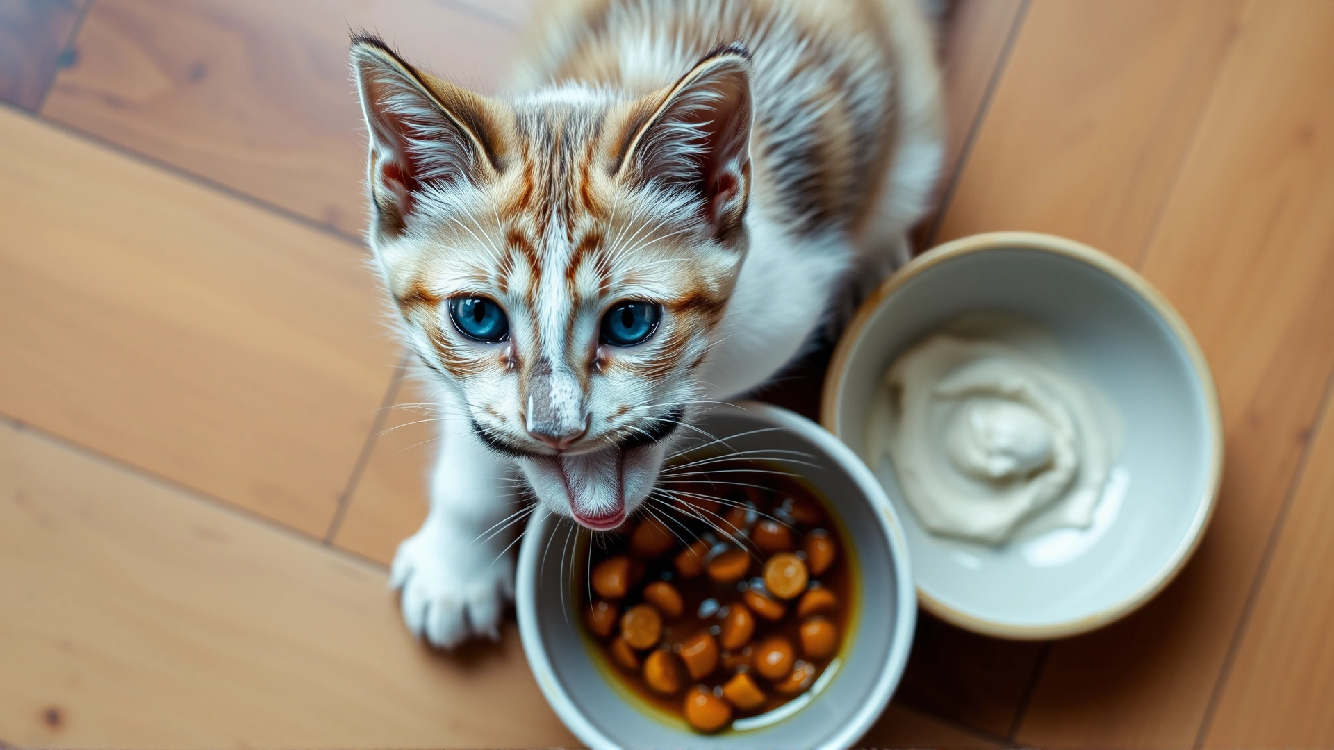Top-down view of a Colorpoint Shorthair kitten eating premium wet food from a stylish ceramic bowl on a wooden floor.