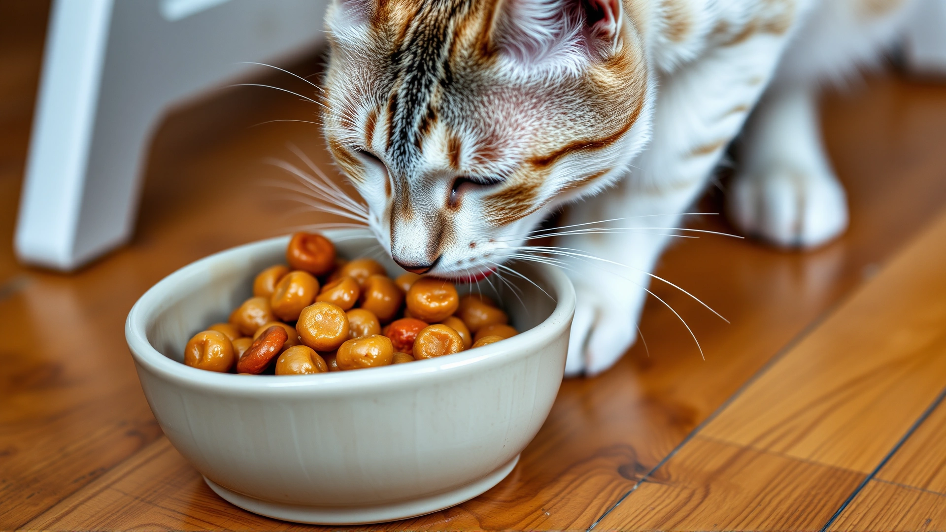 Close-up of a Rex cat eating high-quality wet food from a ceramic bowl on a wooden floor.