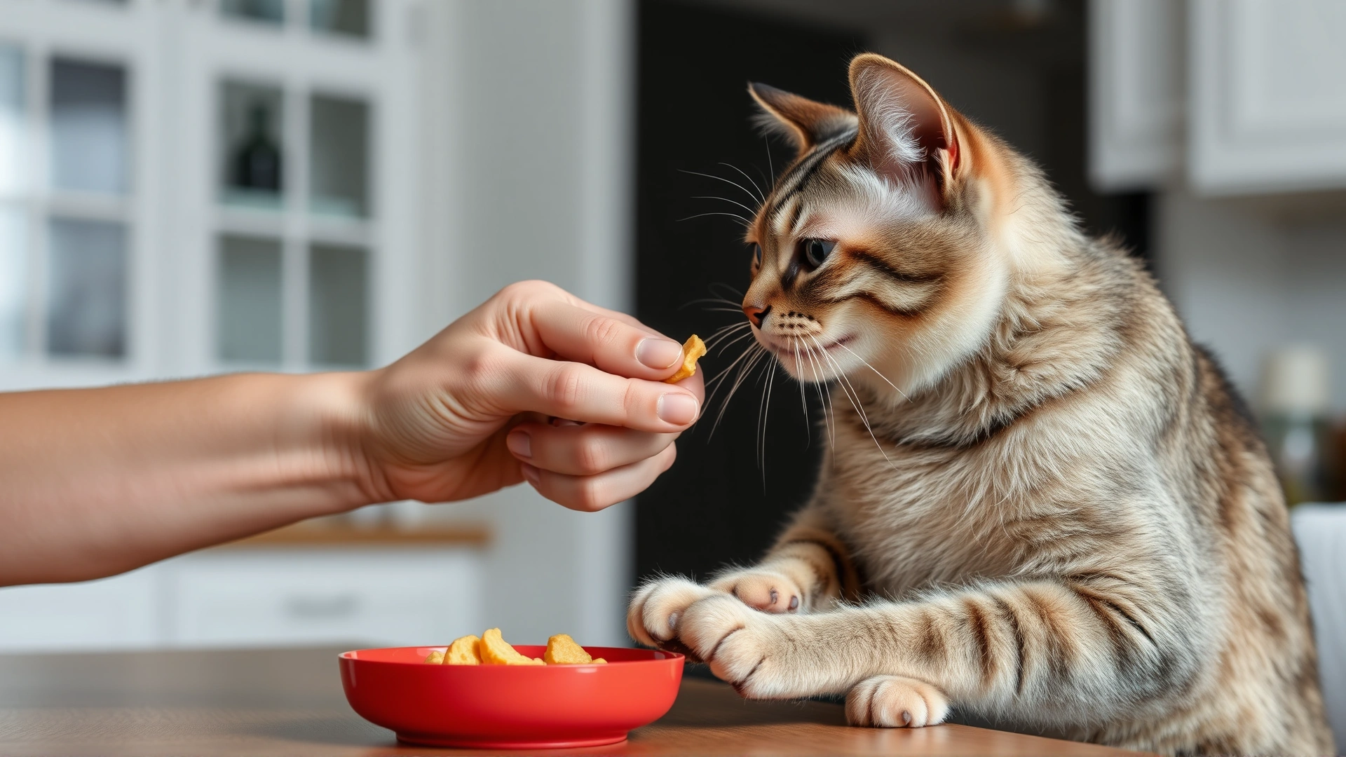 Owner hand-feeding a frail senior cat small pieces of soft food in a quiet kitchen setting.
