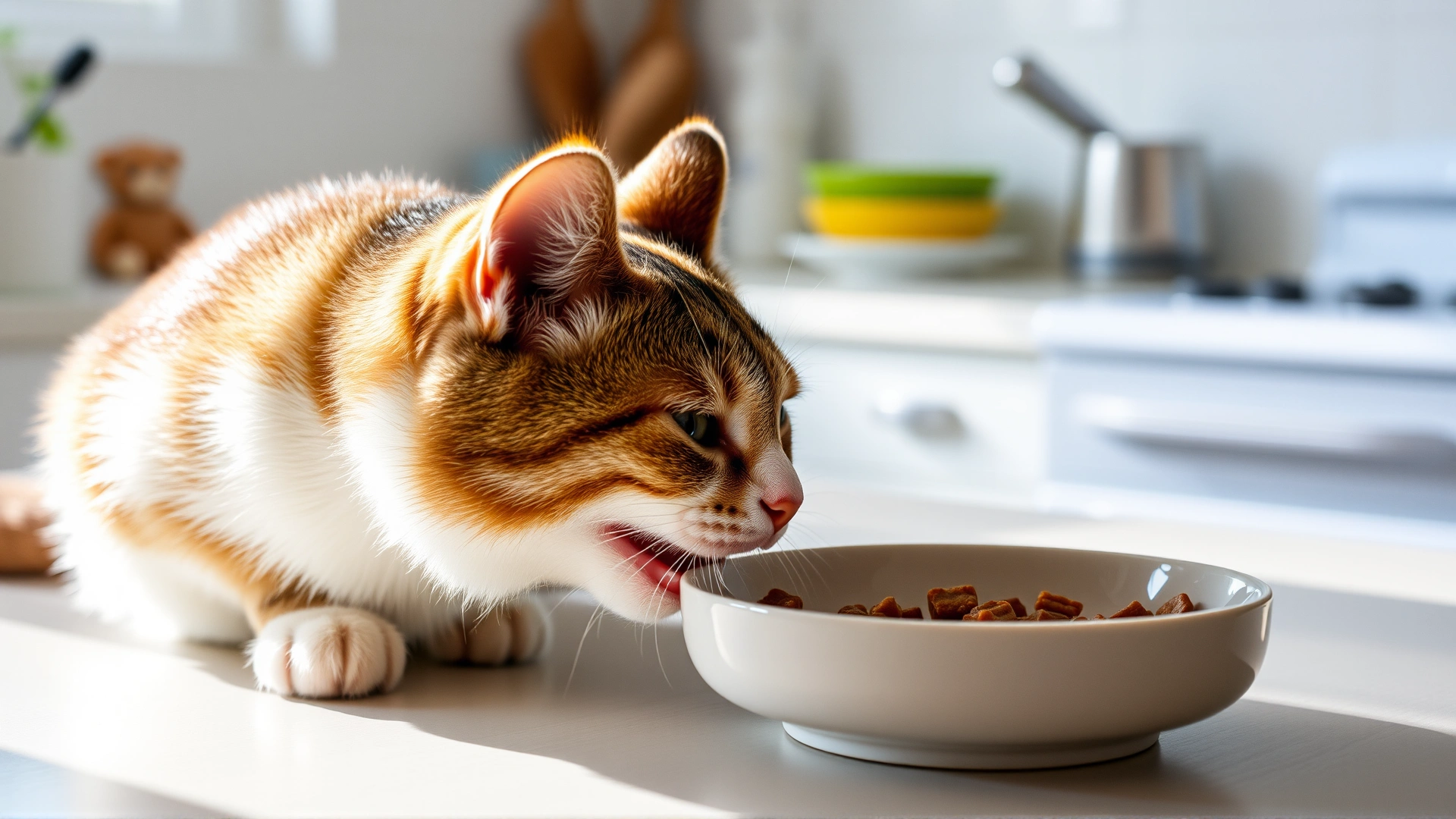 Cat eating a small portion of wet food from a shallow ceramic dish on a tidy kitchen counter, morning light