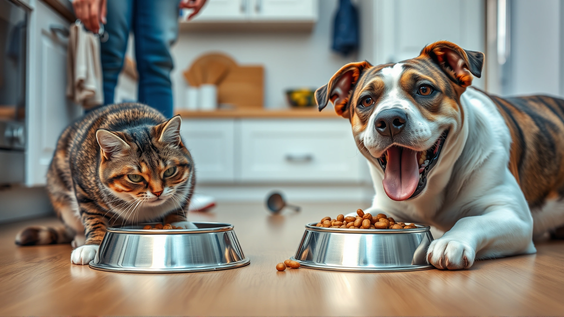 A cat and a dog eating happily from stainless-steel bowls on a clean kitchen floor, with owner standing nearby holding a food scoop.