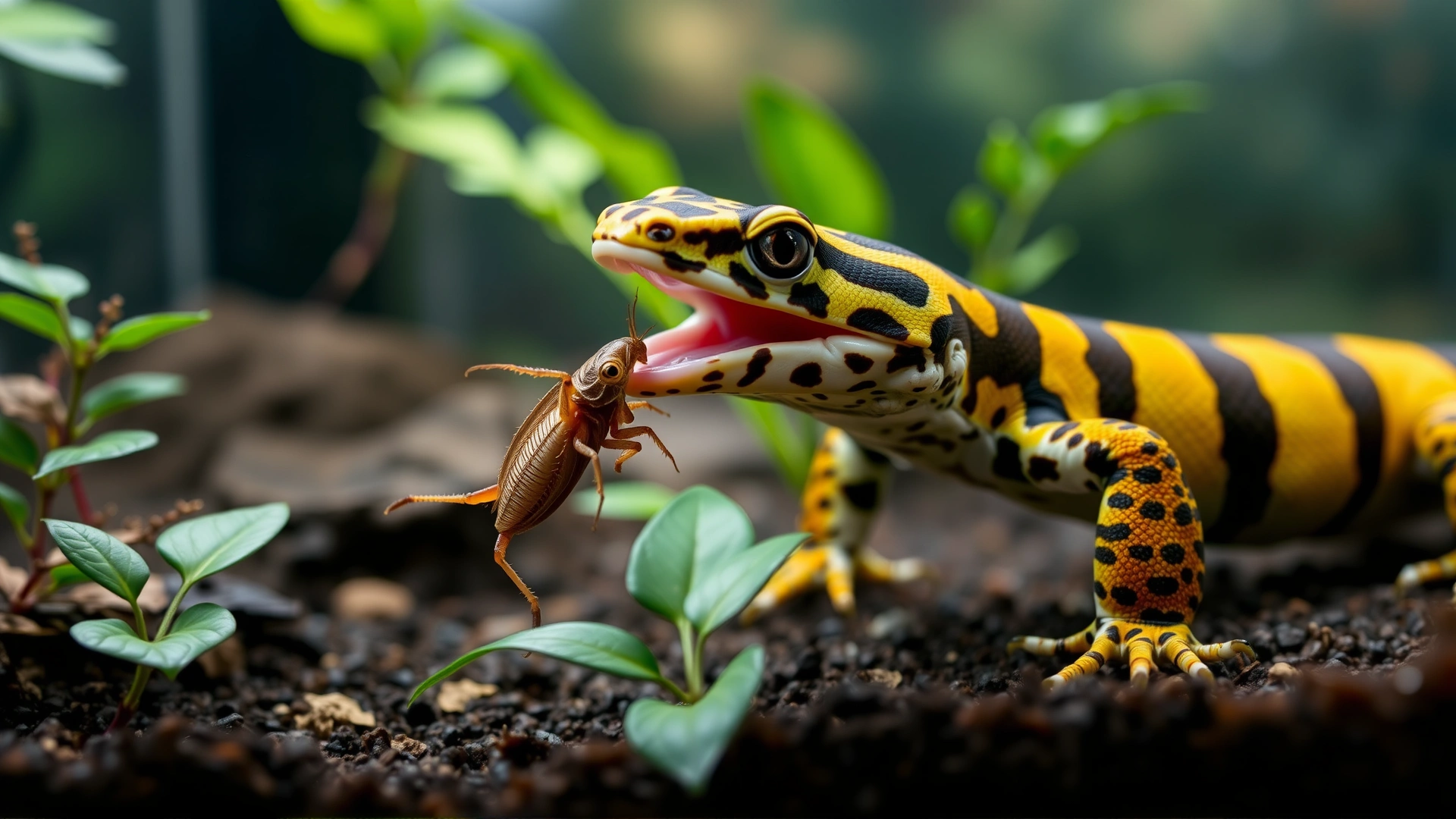 Action shot of an adult tiger salamander catching a cricket with its tongue inside a terrarium, substrate and foliage visible.