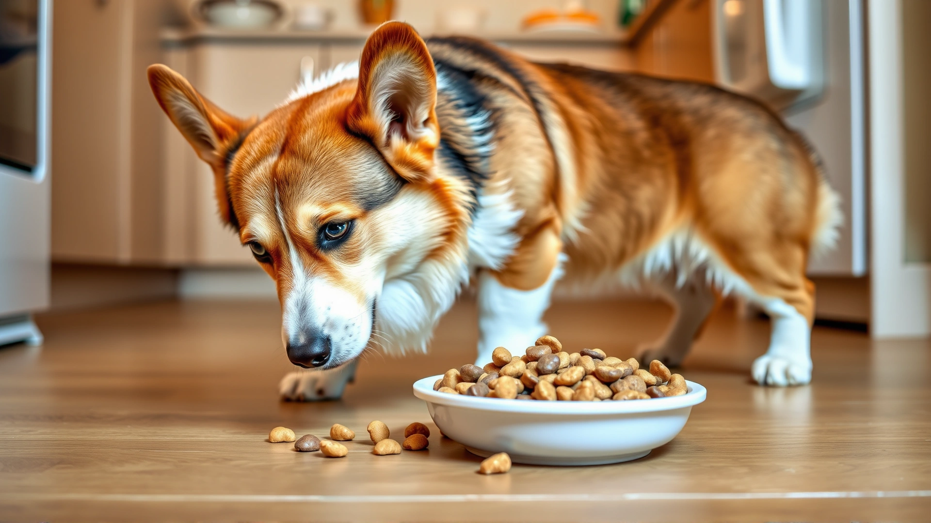 Bowl of high-quality kibble on a kitchen floor with a curious Pembroke Welsh Corgi sniffing it.