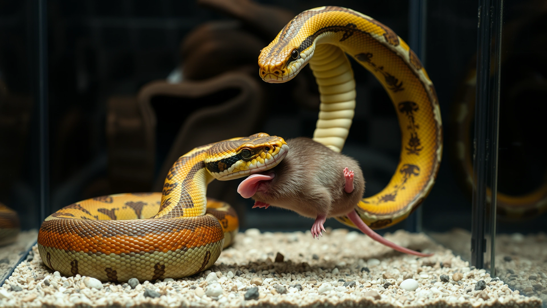 Boa constrictor in the process of constricting a thawed rat inside a terrarium, action shot, clear focus, no text