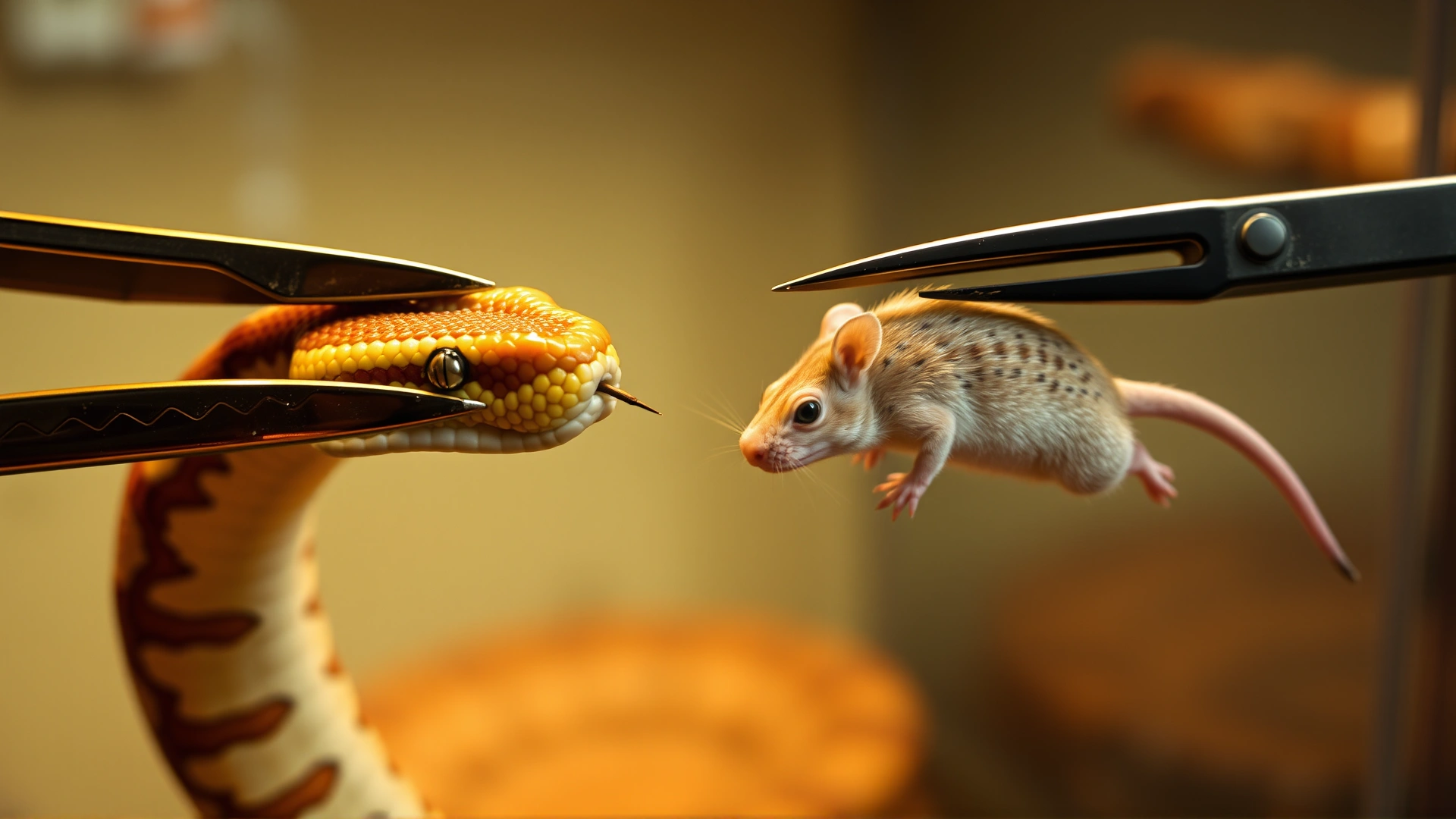 Captive corn snake striking at a thawed mouse held by feeding tongs inside a terrarium under warm lighting