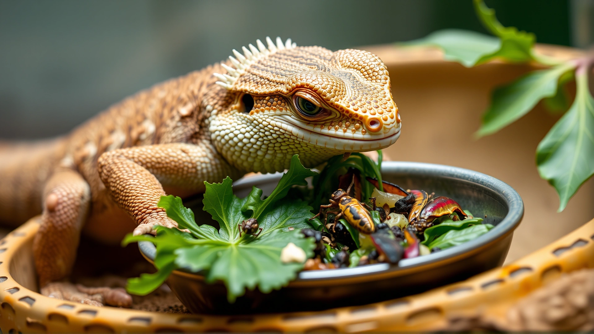 An adult bearded dragon eating a mix of leafy greens and insects from a shallow bowl, natural lighting.