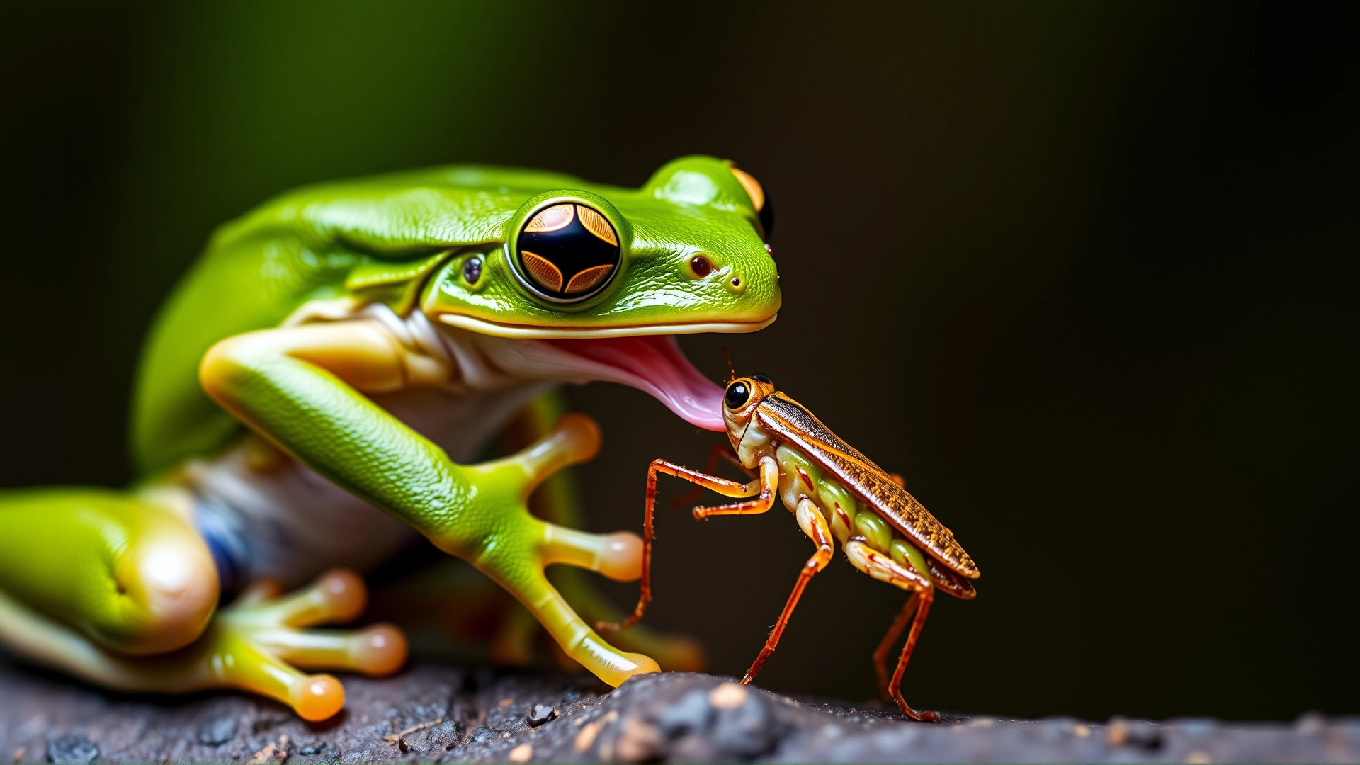 High-speed shot of a green tree frog capturing a cricket with its tongue during feeding