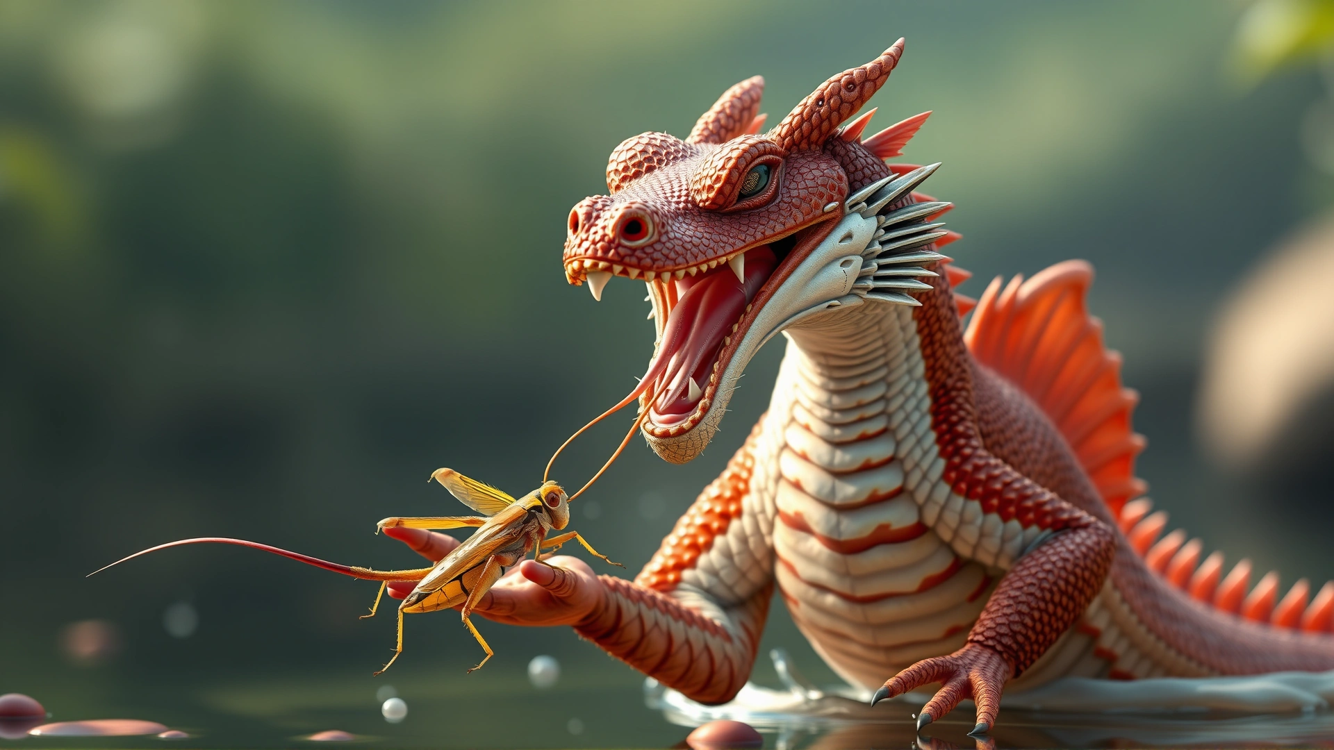 Dynamic shot of a Chinese water dragon catching a cricket with its tongue, captured mid-action against a naturalistic background. No text.