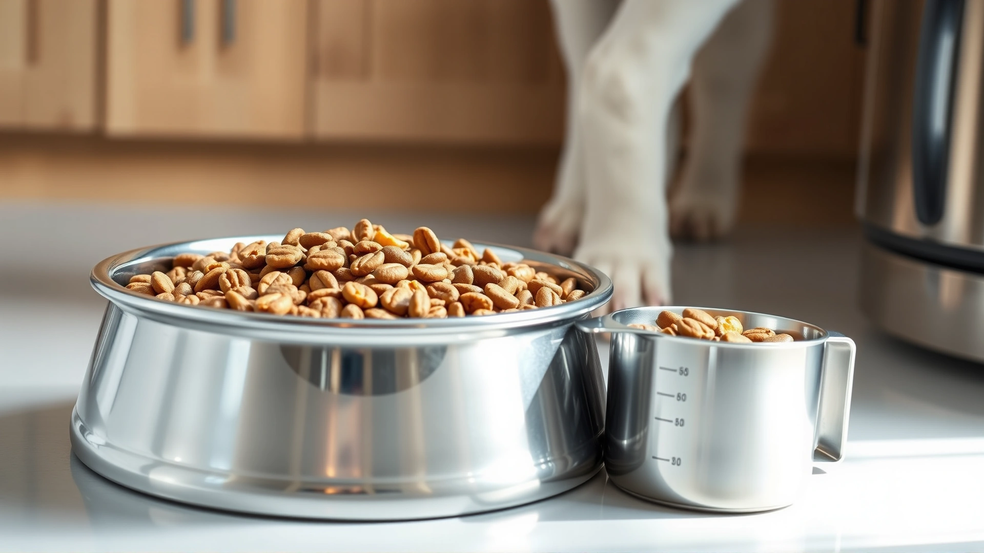 Close-up of a stainless steel dog bowl filled with high-quality dry puppy food alongside a measuring cup on a clean kitchen floor, soft natural light, no text