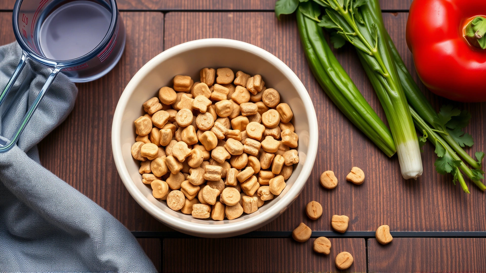 Flat-lay of balanced puppy kibble in a ceramic bowl, next to a measuring cup and fresh vegetables on a wooden table.