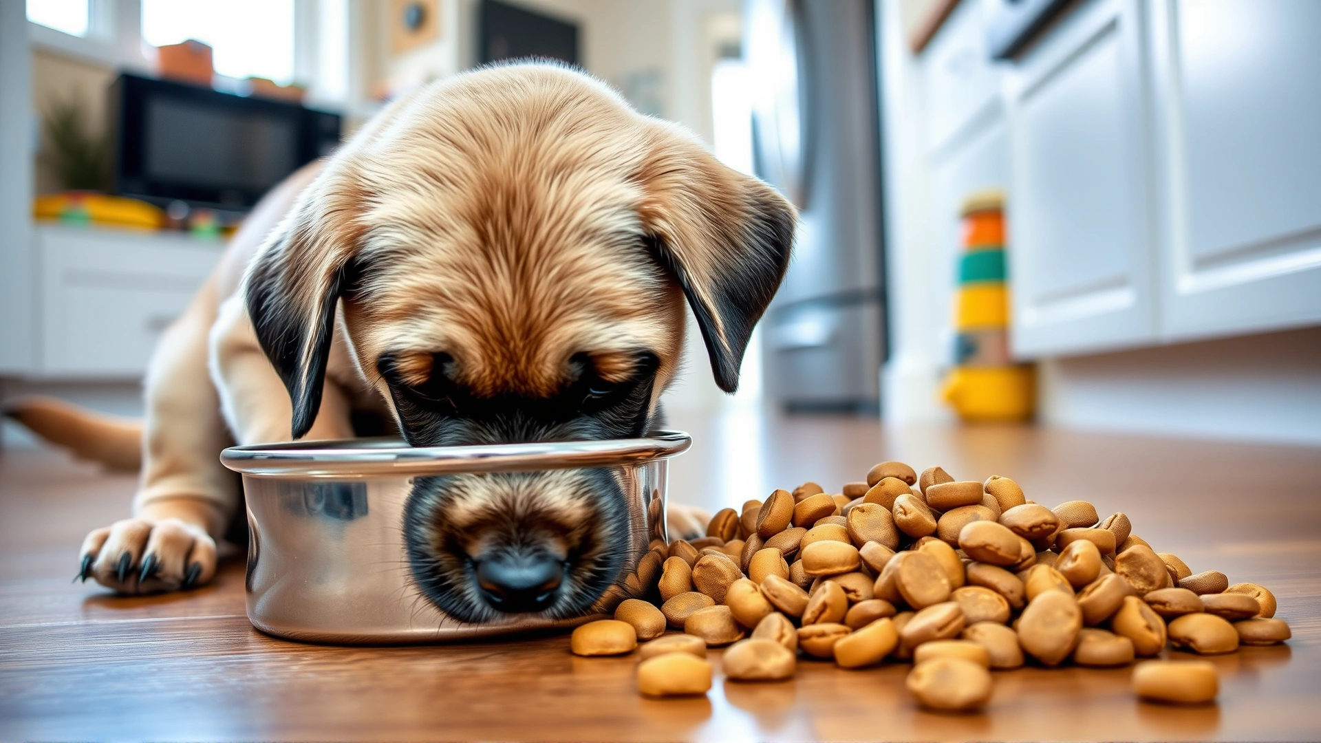 Labrador puppy eating from a stainless-steel bowl filled with large-breed puppy kibble, kitchen floor setting, natural lighting
