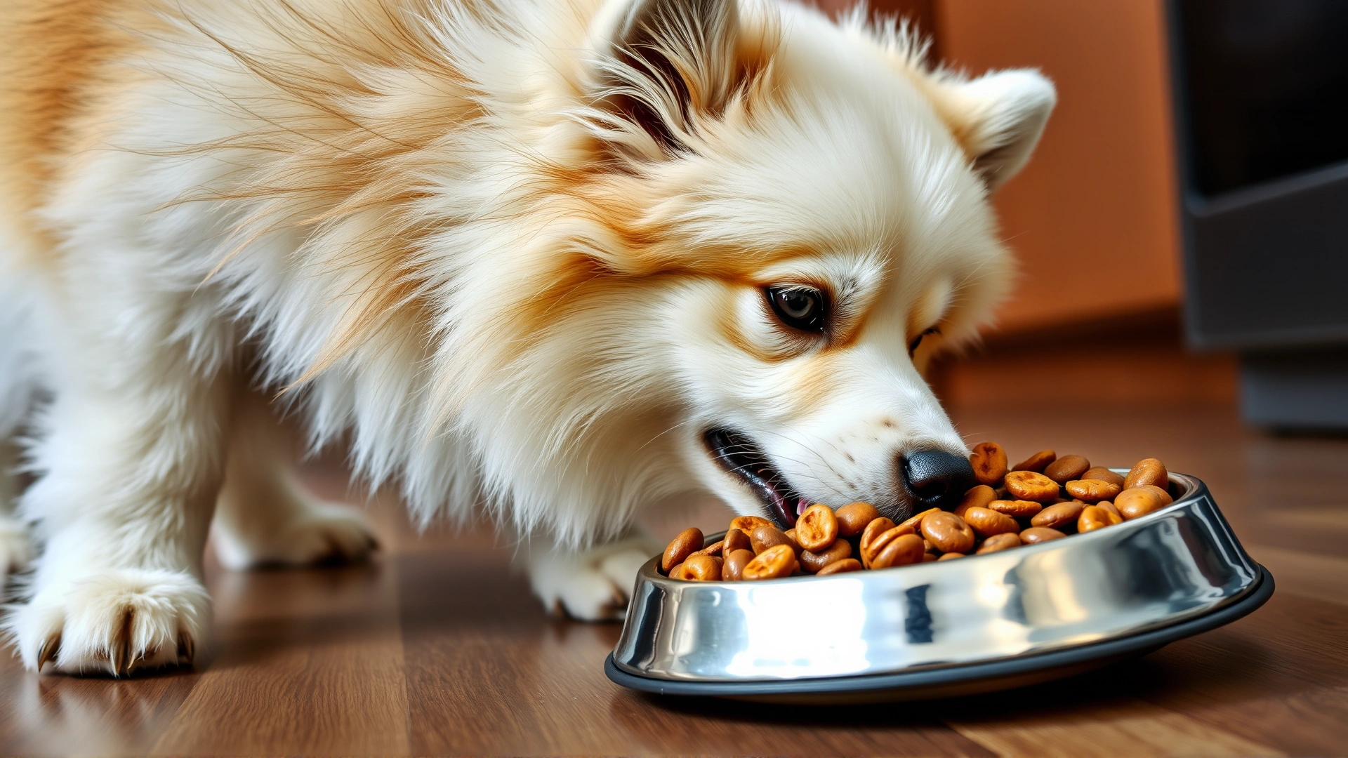 Close-up of an American Eskimo Dog eating from a stainless-steel bowl filled with high-quality kibble on a kitchen floor.