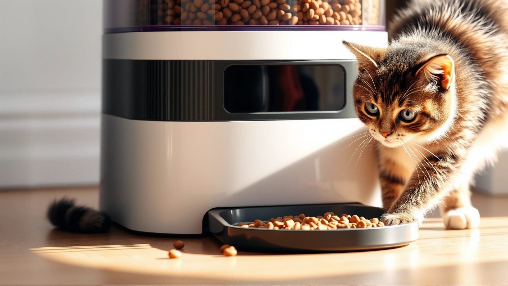 Close-shot of an automatic pet feeder dispensing kibble in soft morning light, cat eagerly waiting, showcasing feeding strategy.