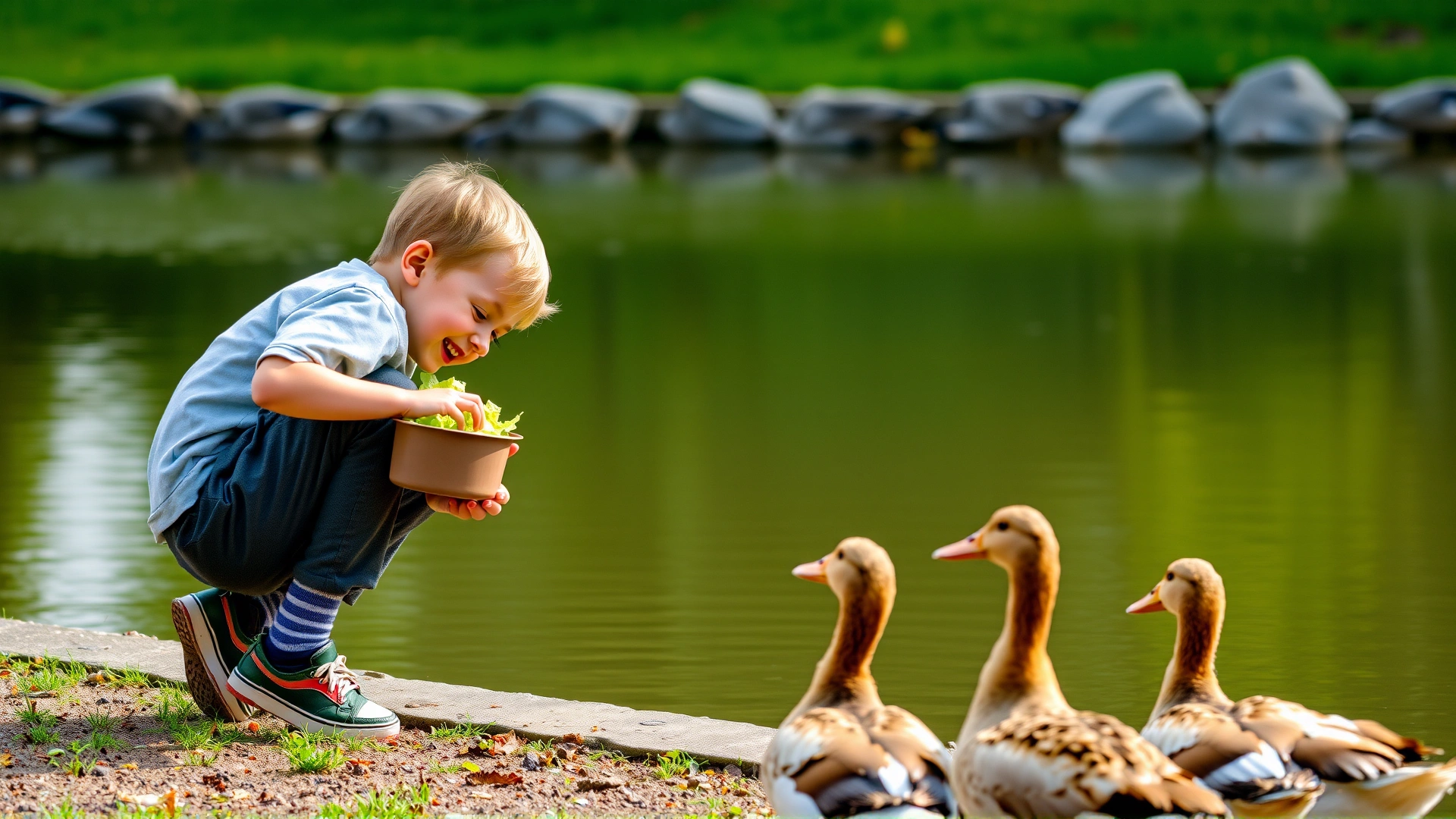 Family with young child kneeling beside a pond, offering chopped lettuce to ducks using a small container, joyful outdoor scene.