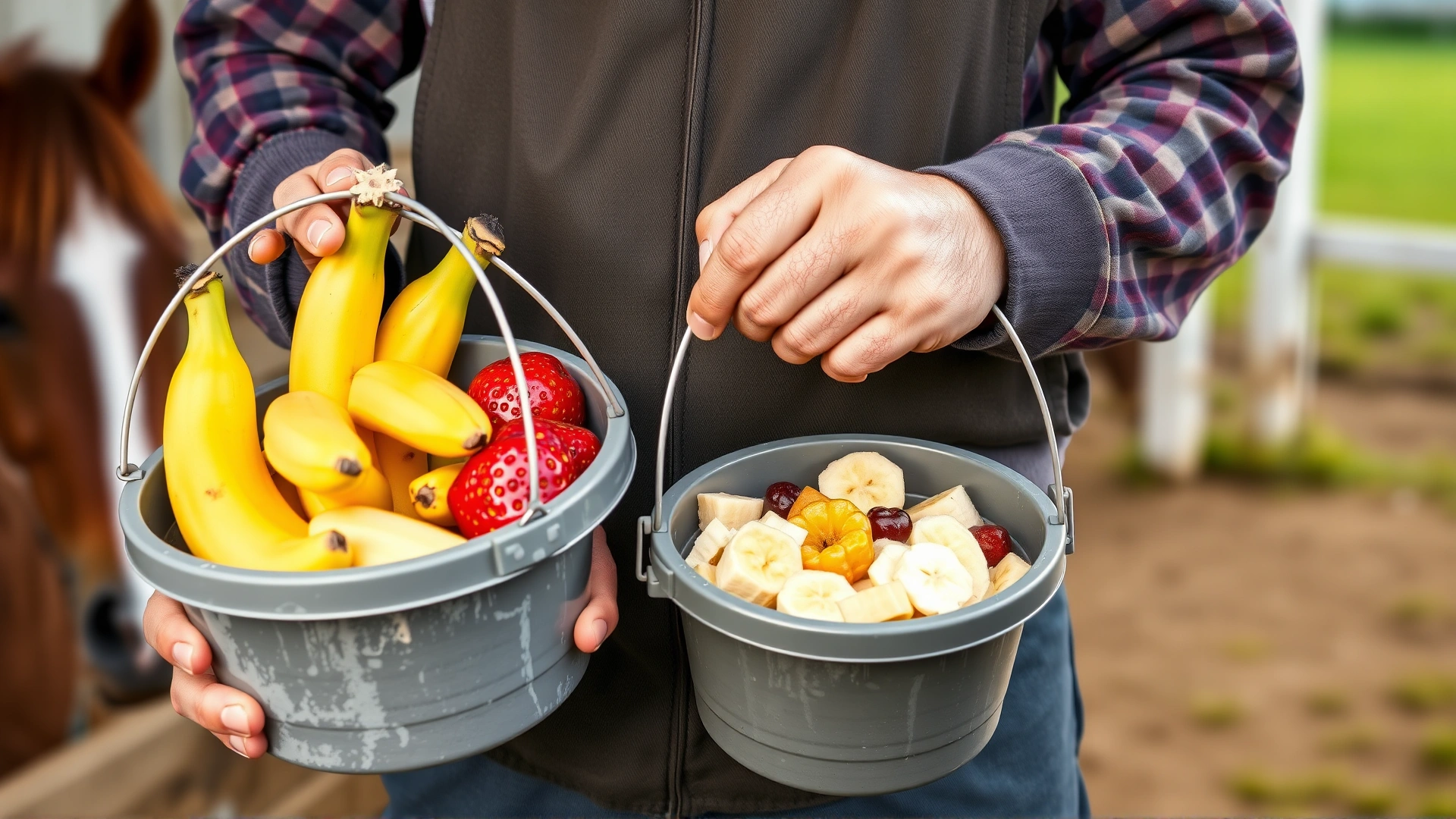 Stable worker holding a rubber feed bucket filled with banana slices and other horse-friendly fruits, horse muzzle sniffing the bucket, natural stable background, no text