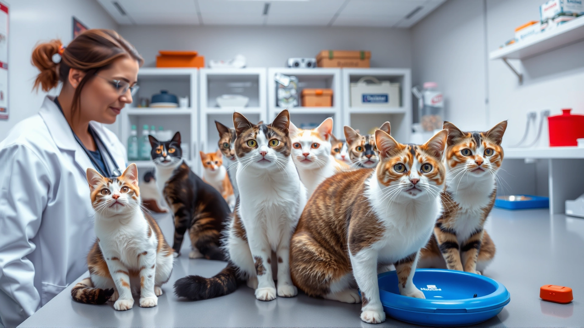 Group of content domestic cats in a clean research room with toys and separate feeding stations, observed by a technician.