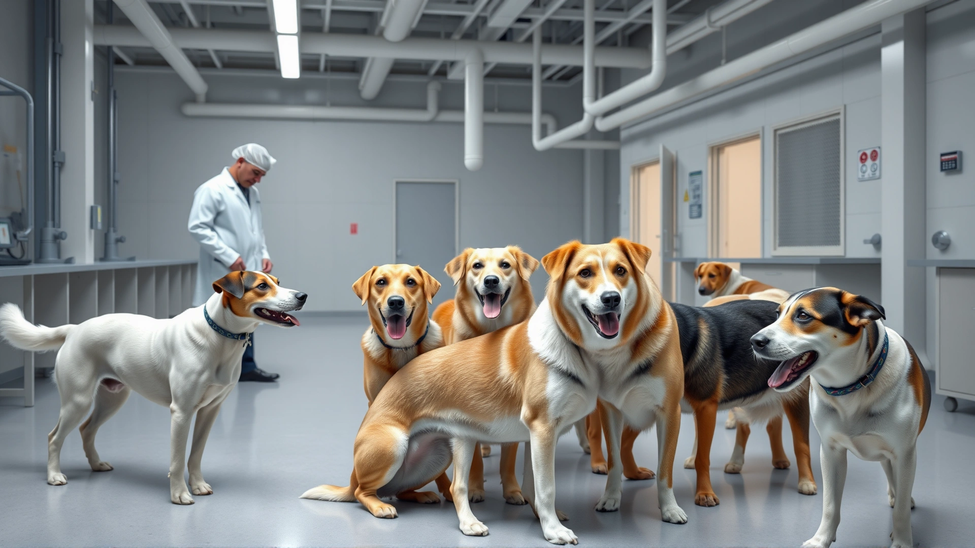 Group of healthy adult dogs of various breeds in a spacious, clean research facility yard interacting with caretakers in lab coats, emphasis on humane and caring environment