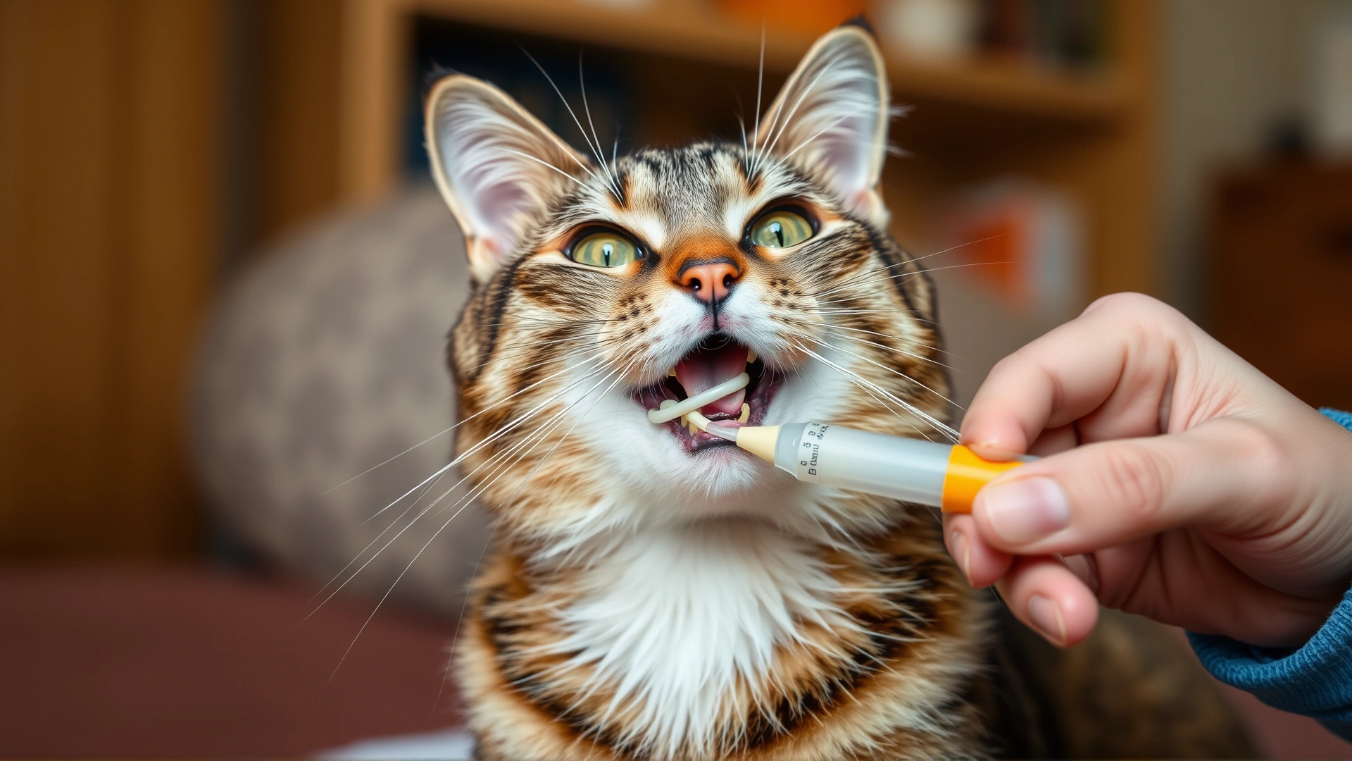 Domestic cat wearing an esophageal feeding tube being gently syringe-fed by owner at home, reassuring environment
