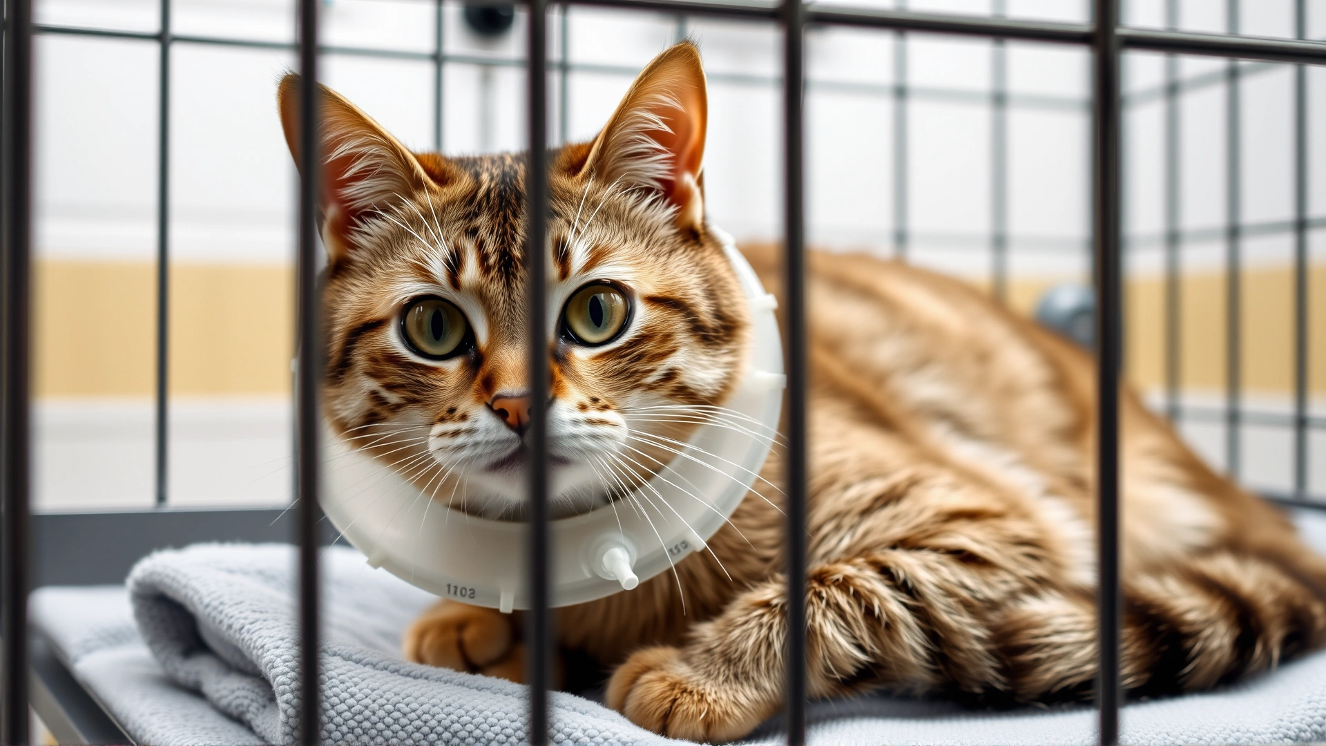 Domestic cat in a veterinary hospital cage wearing an esophageal feeding tube collar, resting on a soft towel, realistic photo