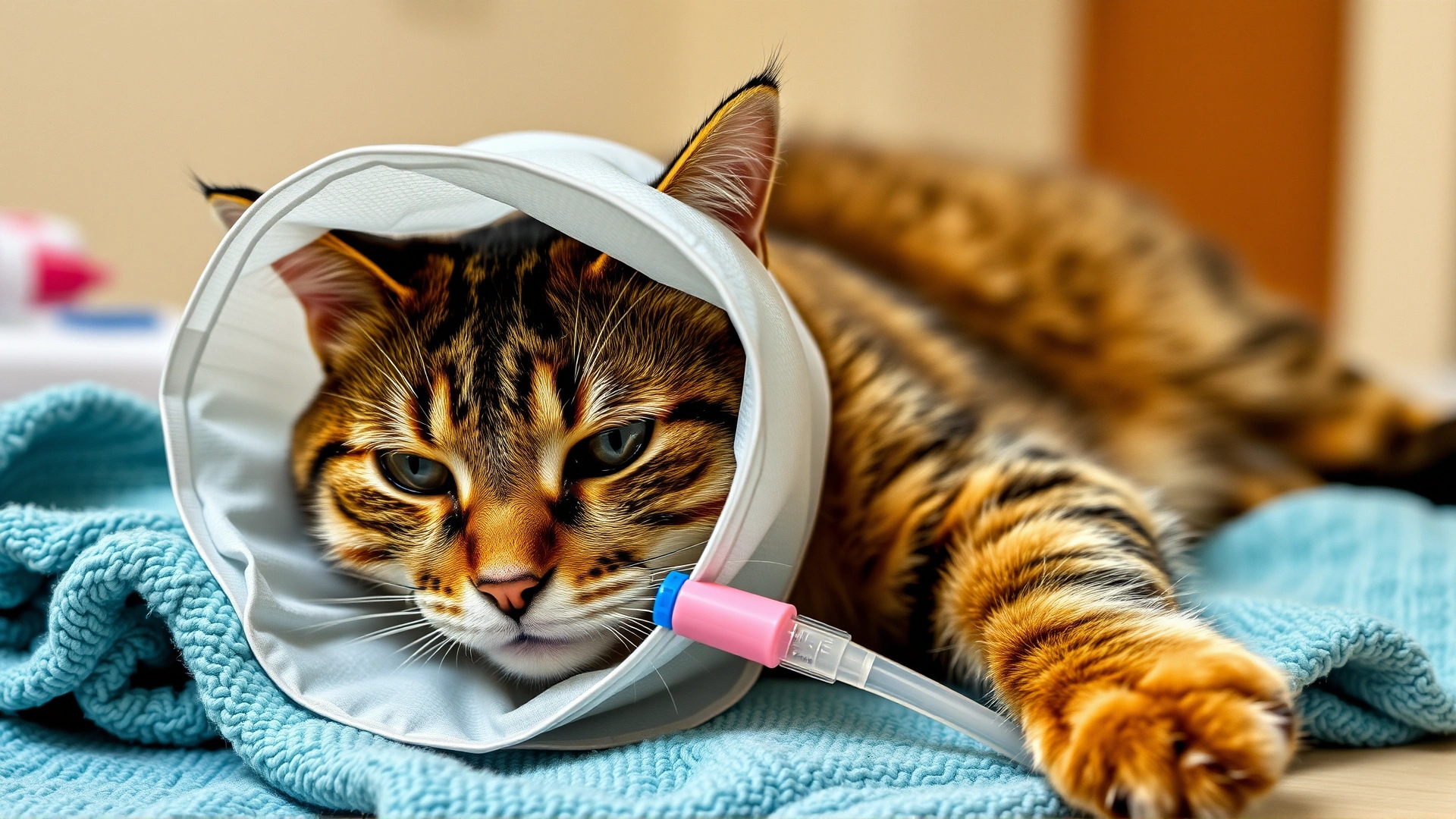 Cat wearing a soft Elizabethan collar with an esophageal feeding tube in place, resting comfortably on a towel.