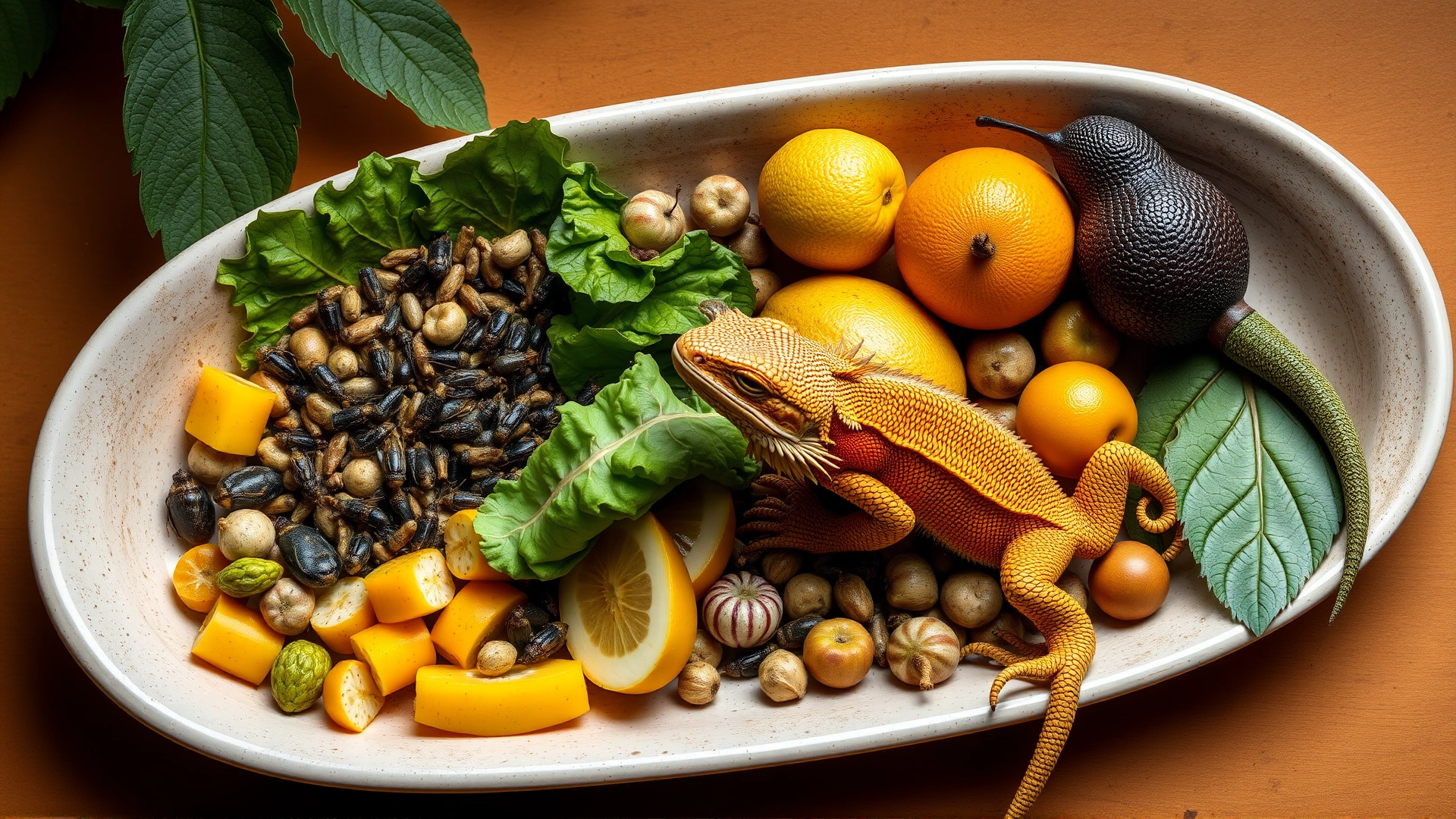 Assortment of lizard food: insects in feeding dish, fresh leafy greens and fruits laid out neatly