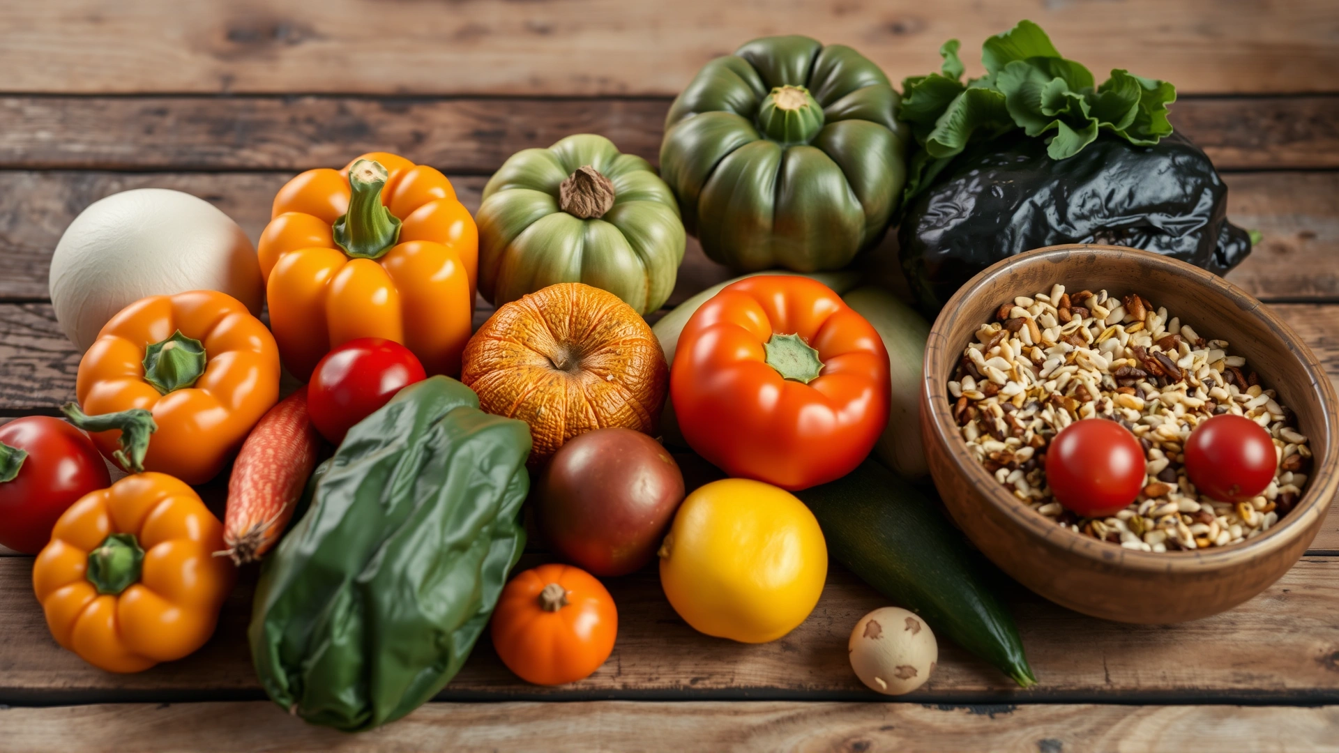 Assortment of fresh bird-safe vegetables and fruits arranged next to a bowl of seed mix on a wooden table.