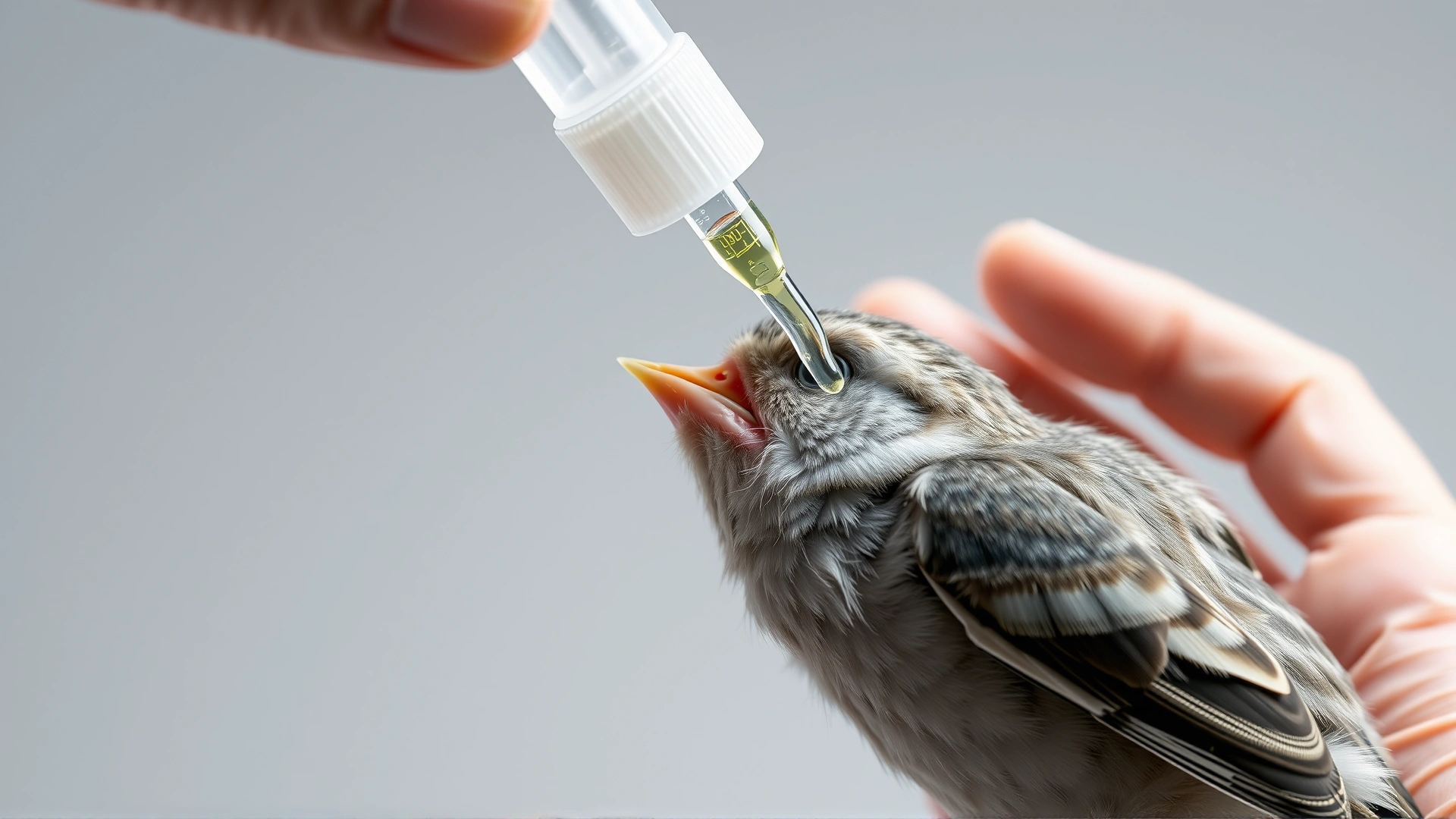 Close-up of a caretaker hand feeding a baby bird with a sterile dropper, on a neutral background