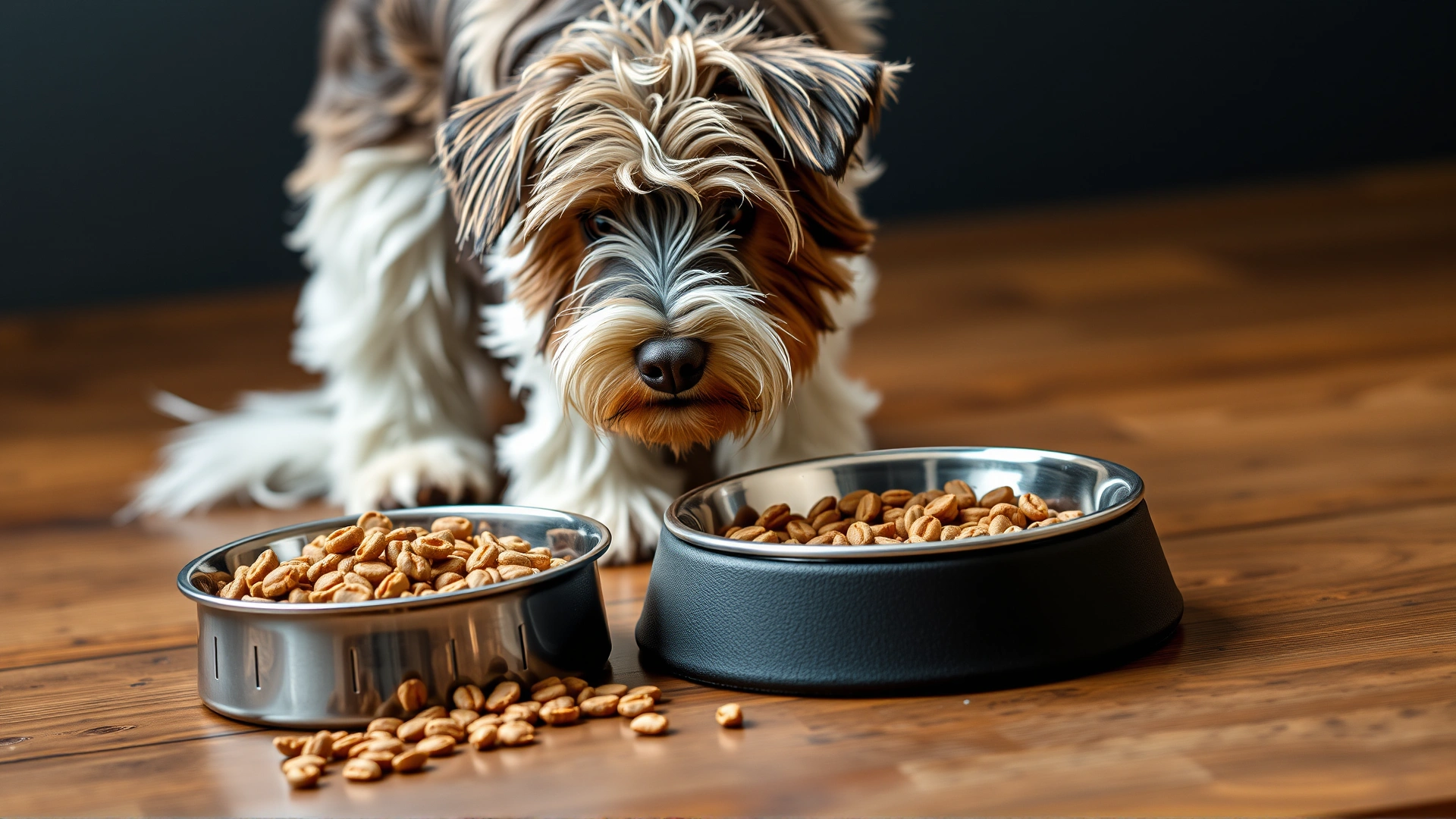 Image of measured portions of premium dry dog food in a stainless-steel bowl placed beside a Glen of Imaal Terrier waiting patiently