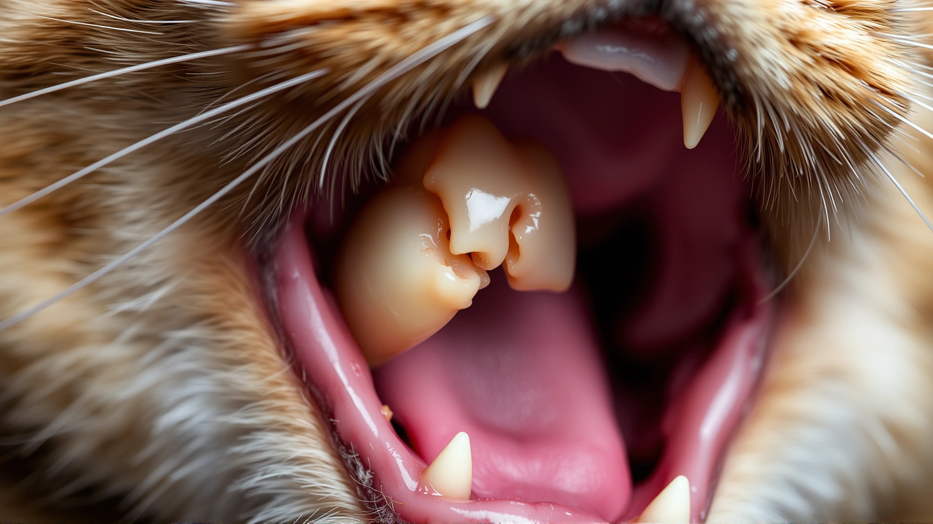 Macro shot of a cat’s mouth with a visibly fractured canine tooth, showing detail of the crack and surrounding gums, veterinary context.