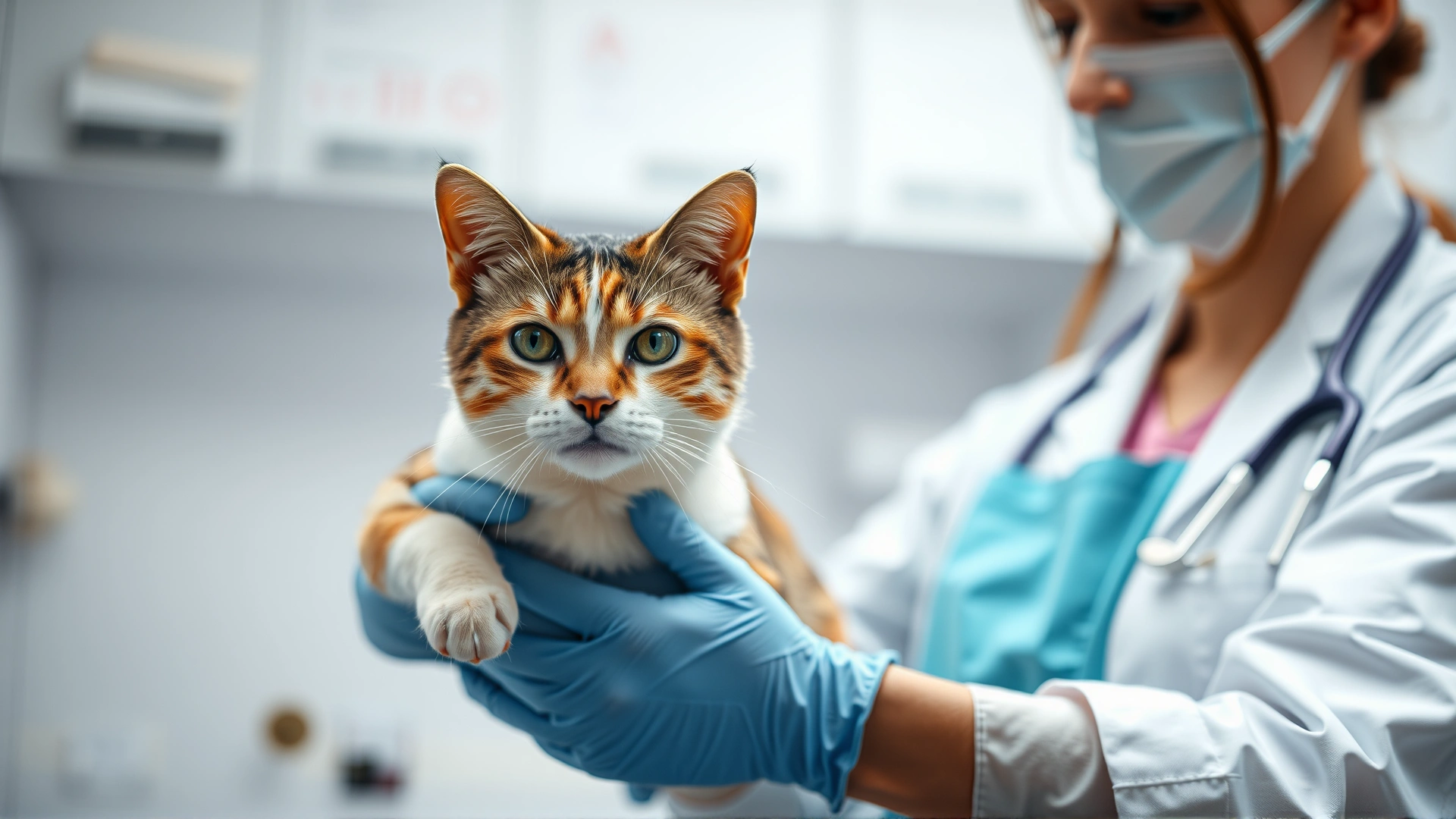 A close-up shot of a veterinarian holding a female cat on an examination table, soft focus background of a clinic; highlights vet–pet interaction; no text.
