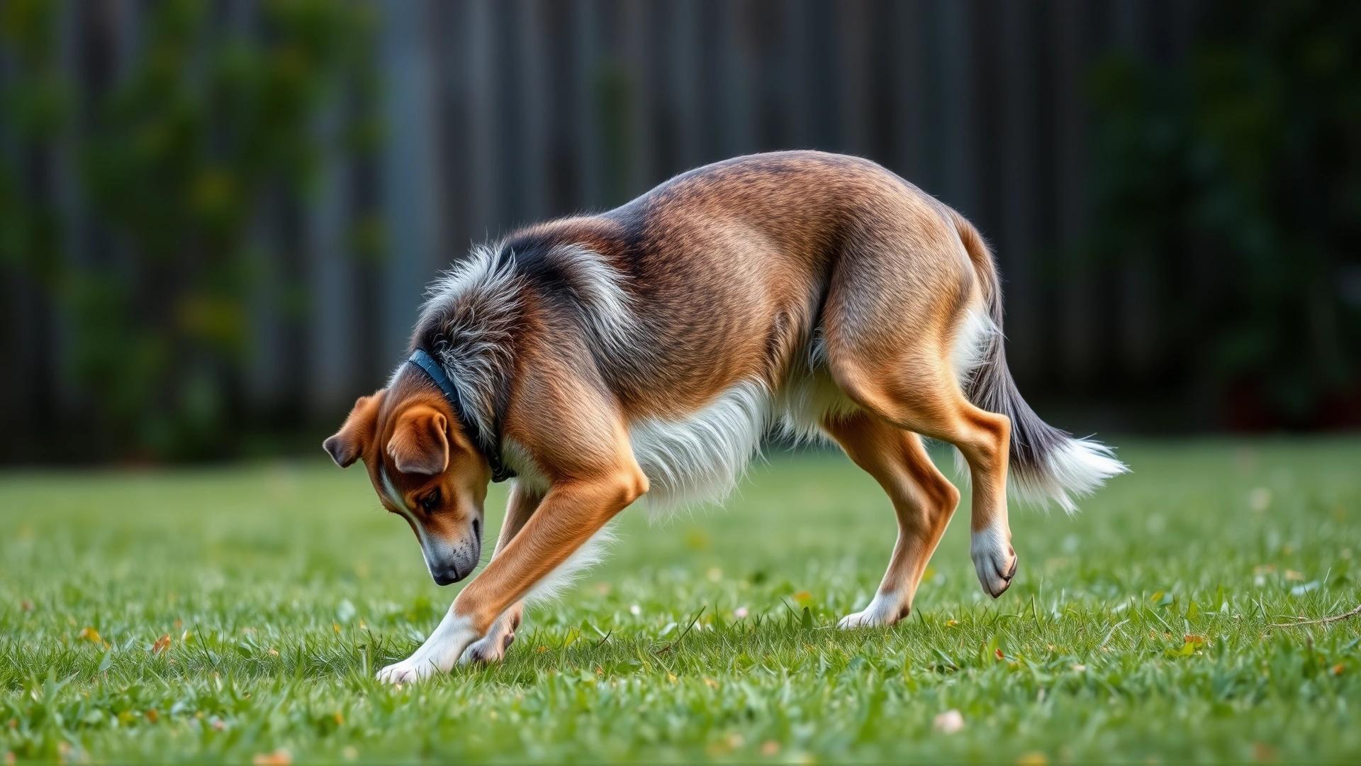 Female dog performing a partial leg lift (squat-raise) while urinating on grass, demonstrating the behavior in females.