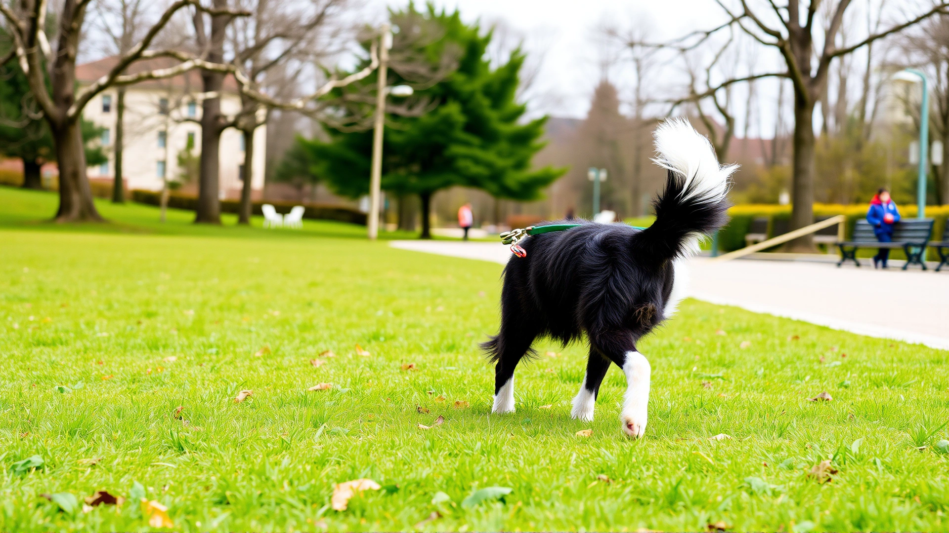 Young female Border Collie walking on grass with a leash in a quiet park, tail slightly raised, spring atmosphere, no humans visible.