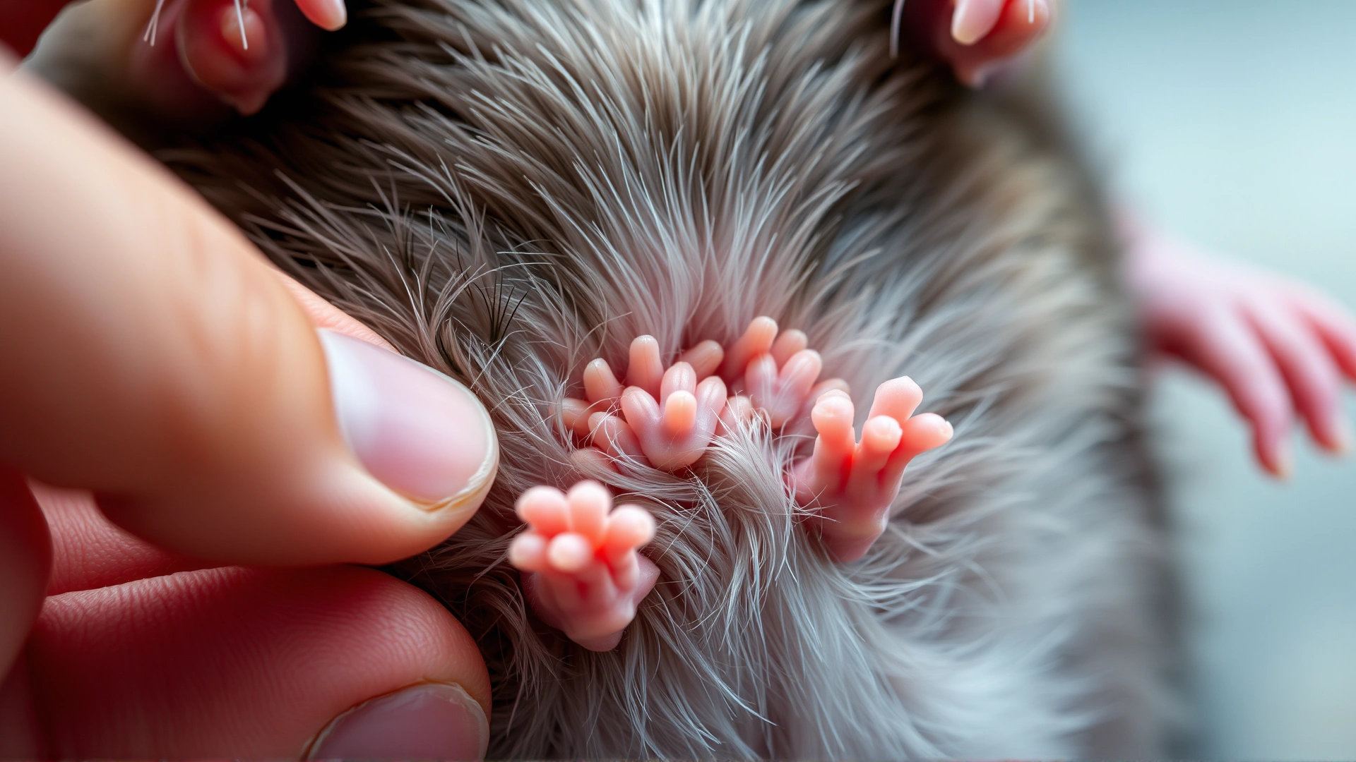 Macro shot of a young female rat’s belly being gently parted by a hand to reveal the tiny nipples against short fur.