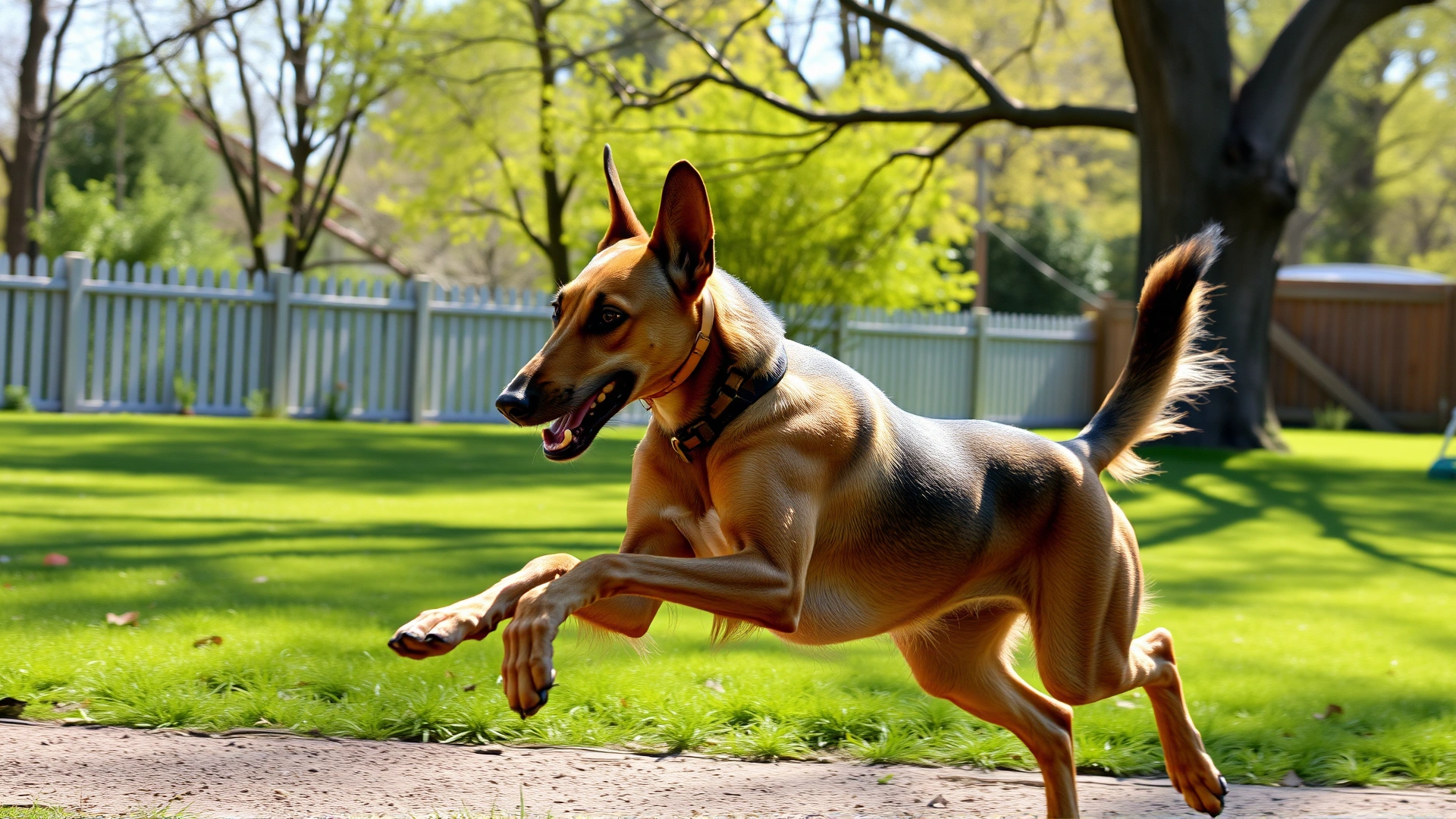 Pharaoh Hound running freely inside a large fenced backyard with green grass and trees, midday light