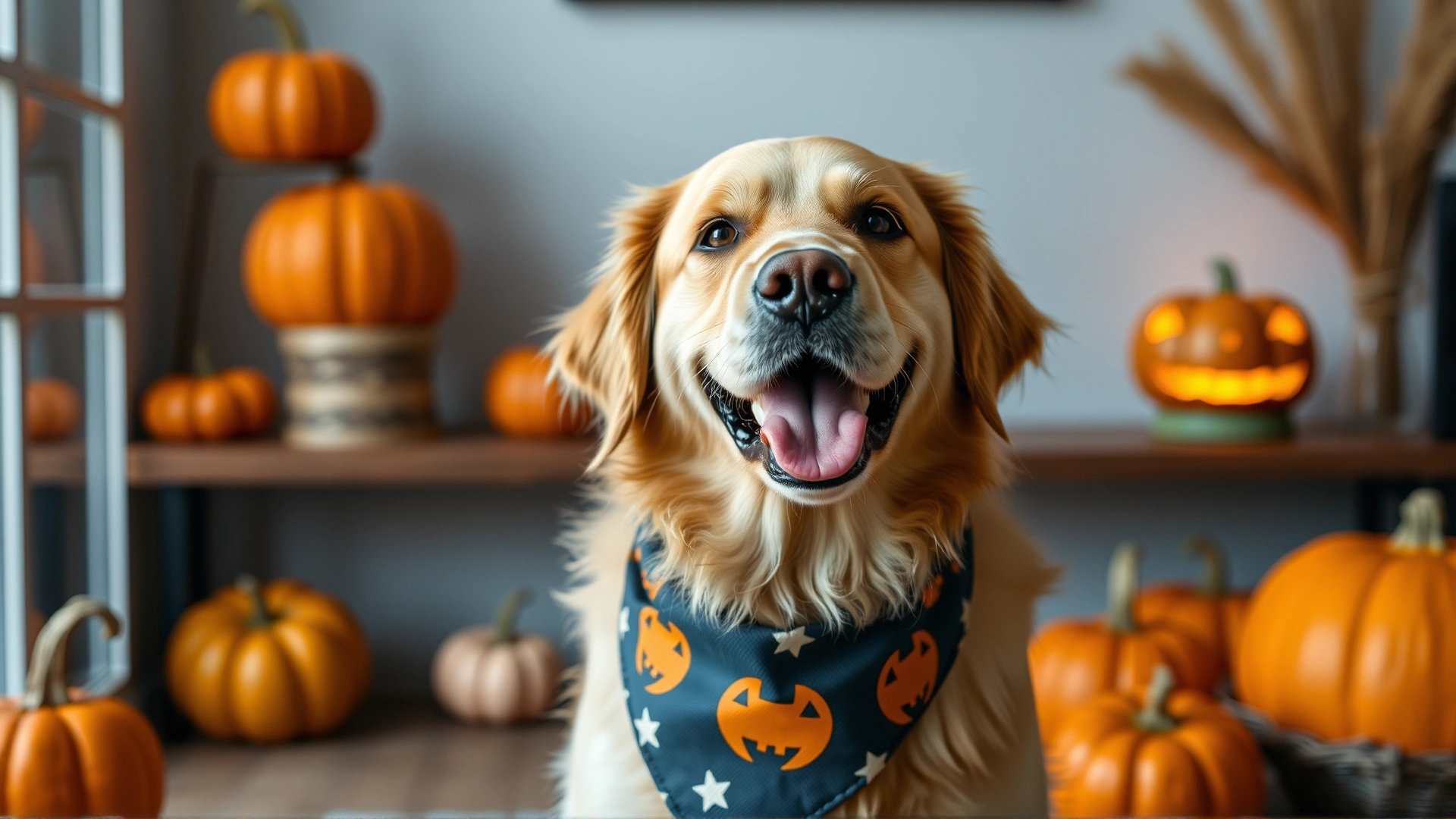 Portrait of a smiling golden retriever indoors wearing a simple Halloween-themed bandana with pumpkins in the background