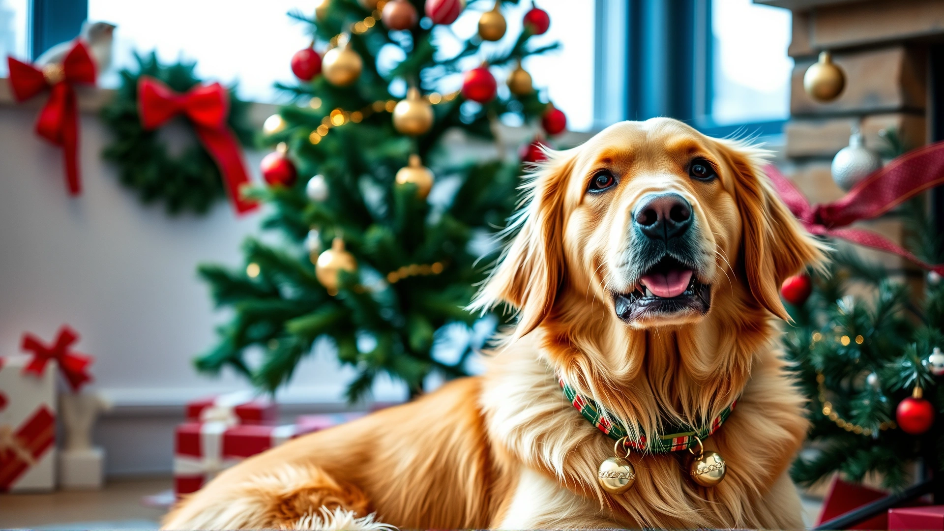 Golden retriever sitting next to a decorated Christmas tree wearing a festive red and green collar with small bells.