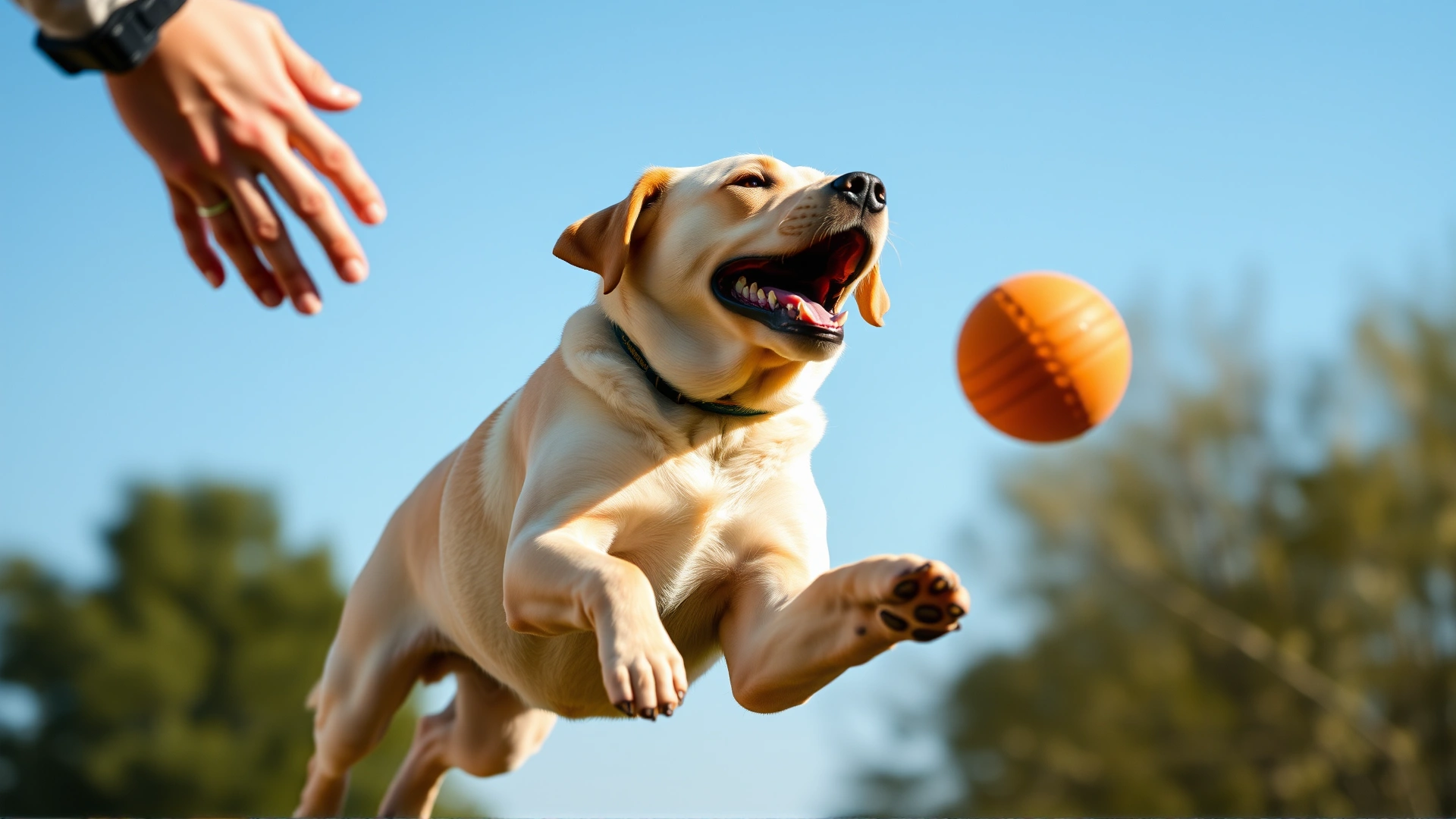 Action photo of a Labrador retriever mid-air catching a rubber ball, owner’s hand visible in the throw position, clear blue sky.