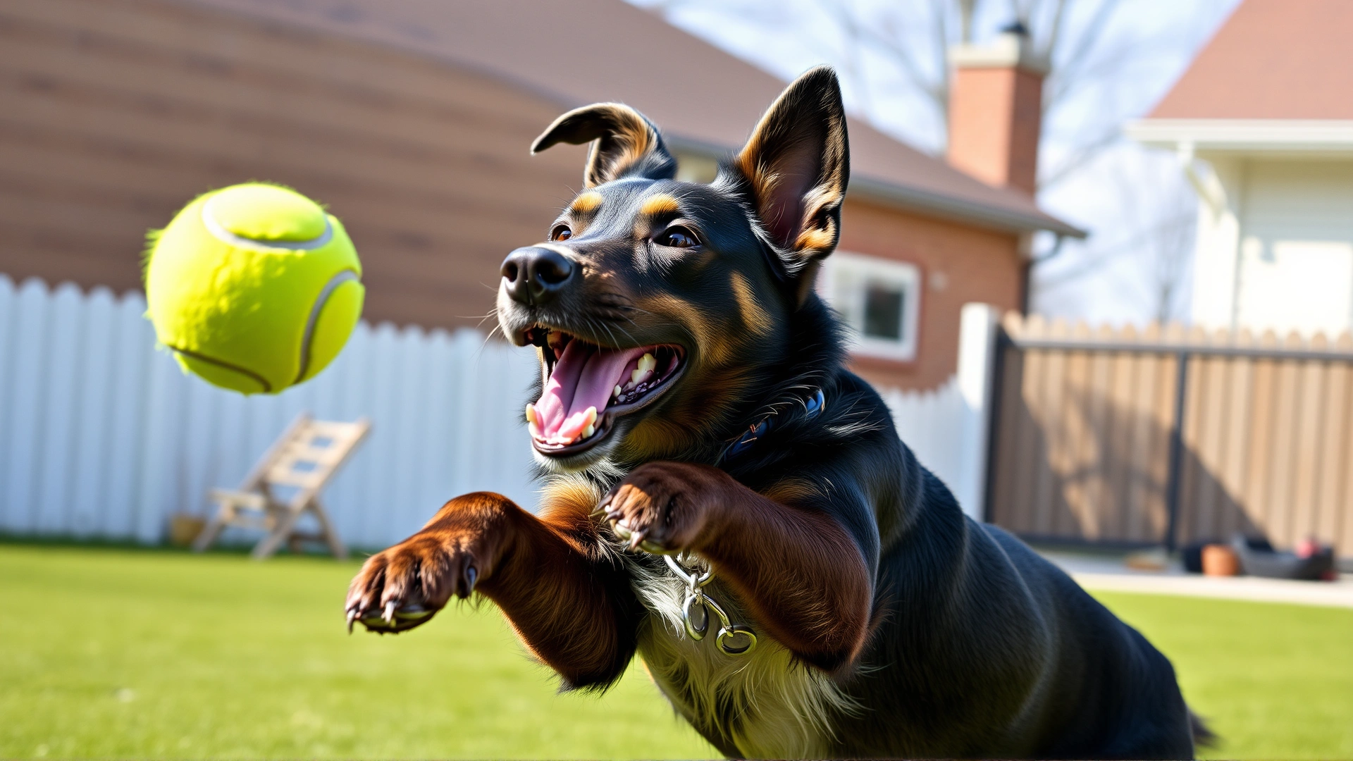 Dog mid-air catching a bright green tennis ball in a spacious backyard
