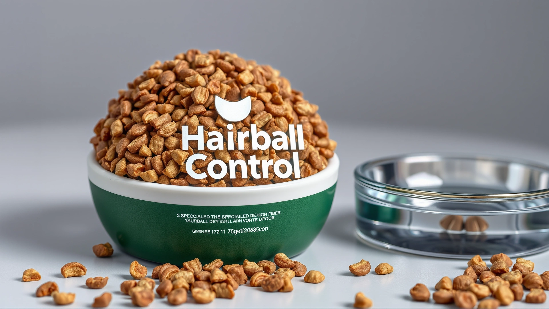 Bowl of specialized high-fiber dry cat food labeled 